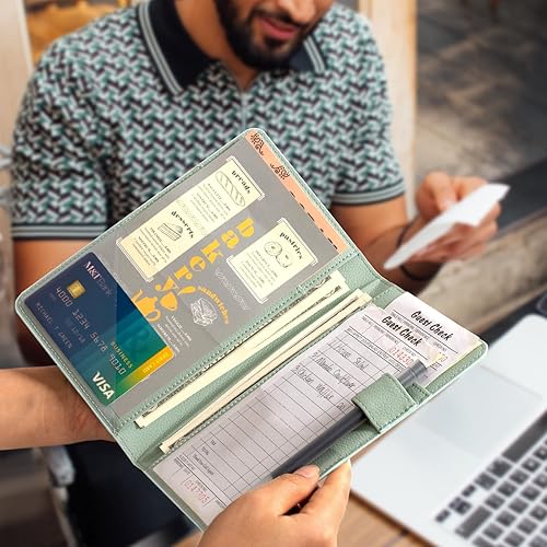 Miniatura 6 de CoBak Libreta para meseros  Organizador de libros para camarera con bolsillo con cremallera para personal de restaurante, 7 bolsillos con soporte