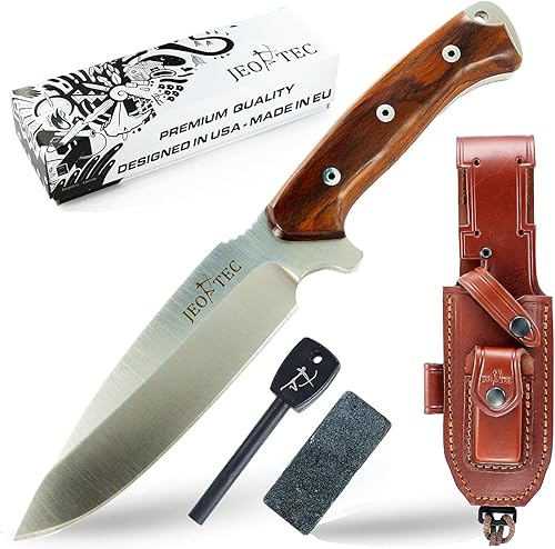 JEO-TEC N15 Bushcraft Survival Hunting Tactical Knife - BOHLER N690C Acero Inoxidable, Funda de Cuero Multiposicionada, Piedra Afiladora