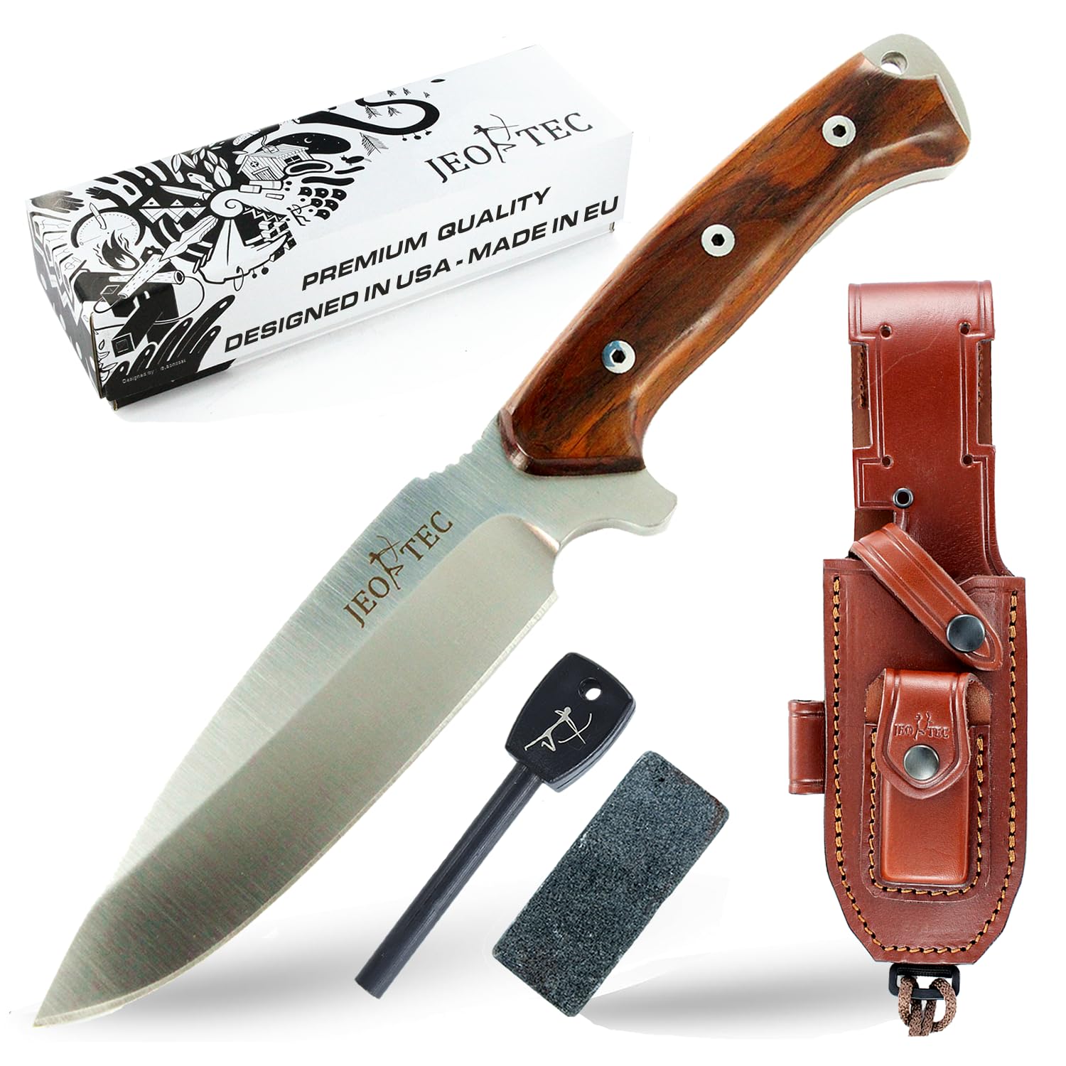 JEO-TEC Nº15 Cuchillo Supervivencia Caza Monte Bushcraft Camping Outdoor Campo - Funda con Pedernal - Acero BÖHLER N690C - Fabricado en España
