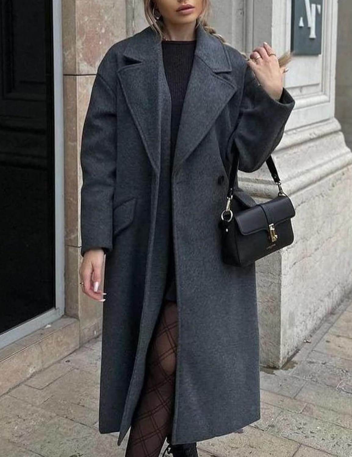 Gihuo Women's Notched Collar Wool Blend Pea Coat Winter Double Breasted Trench Coat Long Oversized Button Down Overcoats - Image 6