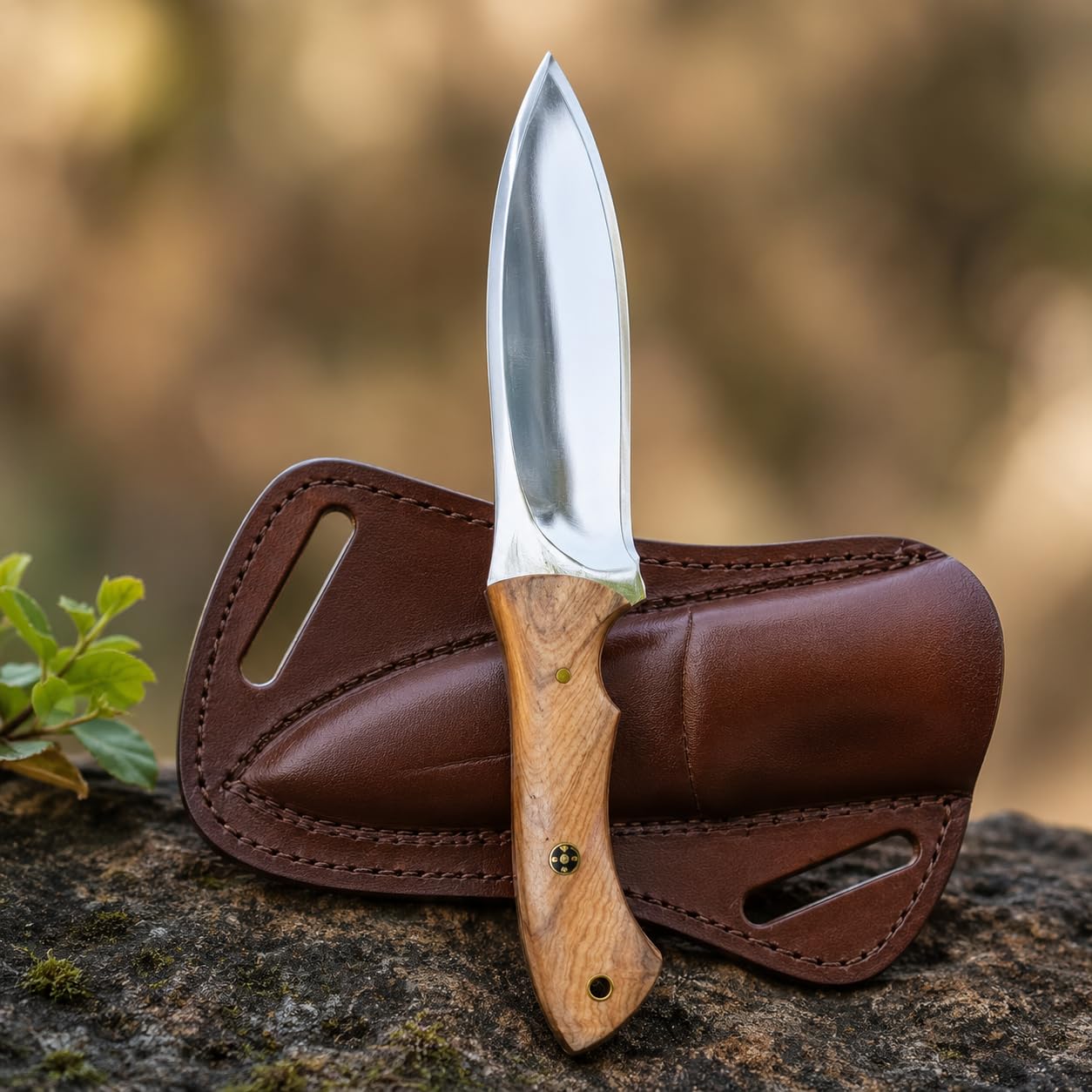 Handgeschmiedetes Jagdmesser mit Lederscheide, Bushcraft Messer feststehend aus 1095 Carbonstahl, Outdoor Survival Messer mit Olivenholzgriff, Camping Messer, Fahrtenmesser, EDC Messer für Jagd