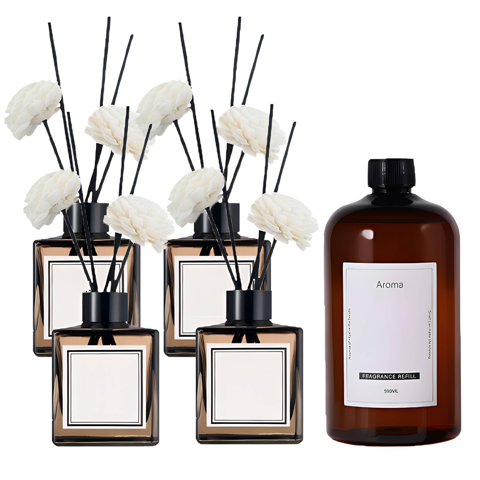 Juego de 4 difusores de Varillas, 50 ml (1,69 oz) de Fragancia con Recarga de Aceite de 500 ml (16,9 oz) y 30 Varillas, ambientador con Aroma Relajante y calmante(Hilton)