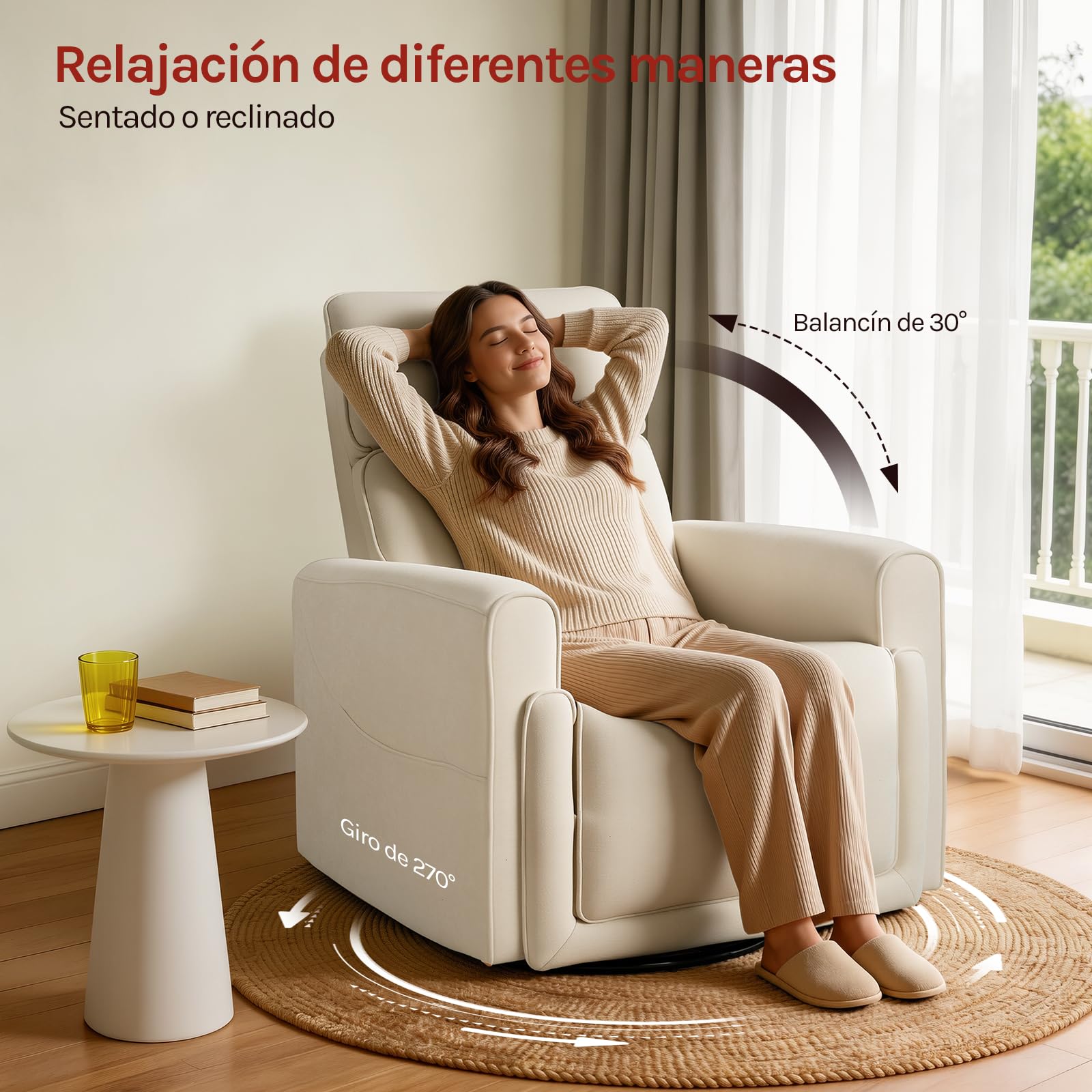 WOLTU Sillón Relax Reclinable, Sillón de Masaje con Calefacción de Masaje, Reposapiés, Bolsillos, Portavasos, Puerto USB, Tapizado en Tela Chenilla, Capacidad de Carga 150 kg, Beige