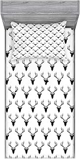 Lunarable Deer Fitted Sheet & Pillow Sham Set, Pattern with Deer Heads Silhouettes Horn Curvy Wildlife Forest Creative Design Print, Decorative Printed 2 Piece Bedding Decor Set, Twin, Black