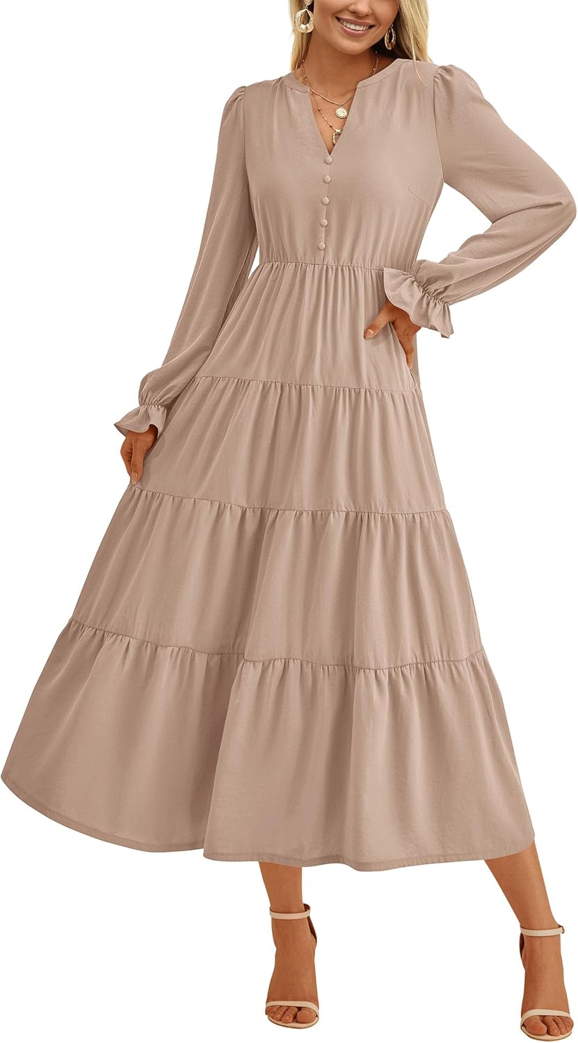 PRETTYGARDEN Long Sleeve Dress for Women 2025 Fall V Neck Tiered Aline Spring Elegant Modest Flowy Wedding Guest Maxi Dresses