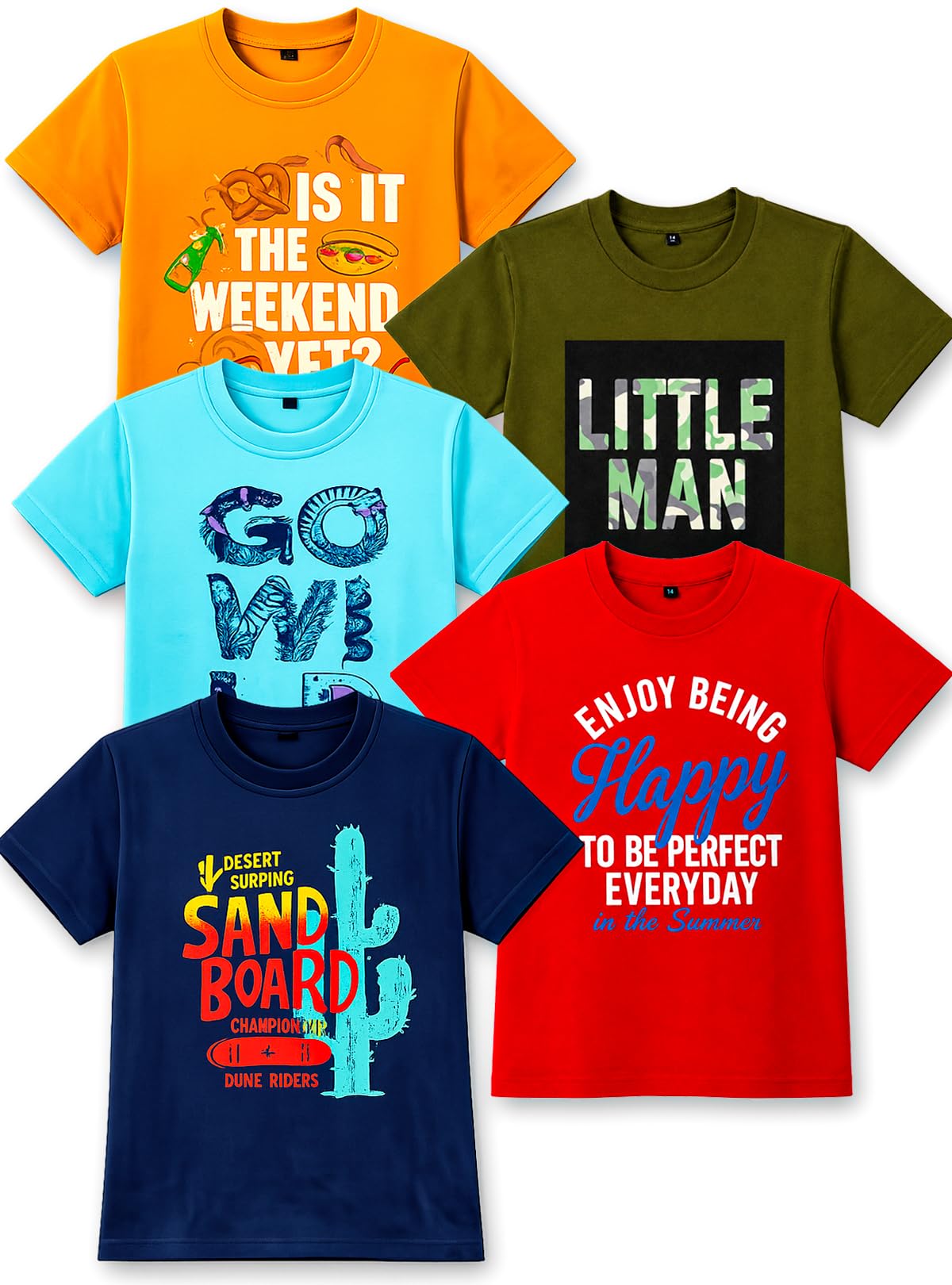 T2F Jungen-T-Shirt, normale Passform, 5 Stück, Mehrfarbig, 5, 11-12 Jahre