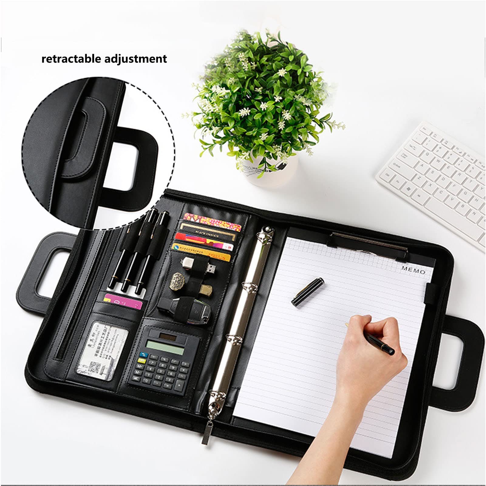 Padfolio Business Teczka konferencyjna A4, zapinana na zamek błyskawiczny, z kalkulatorem, notatnikiem i uchwytem na długopisy, skórzany organizer na dokumenty, dla mężczyzn i kobiet