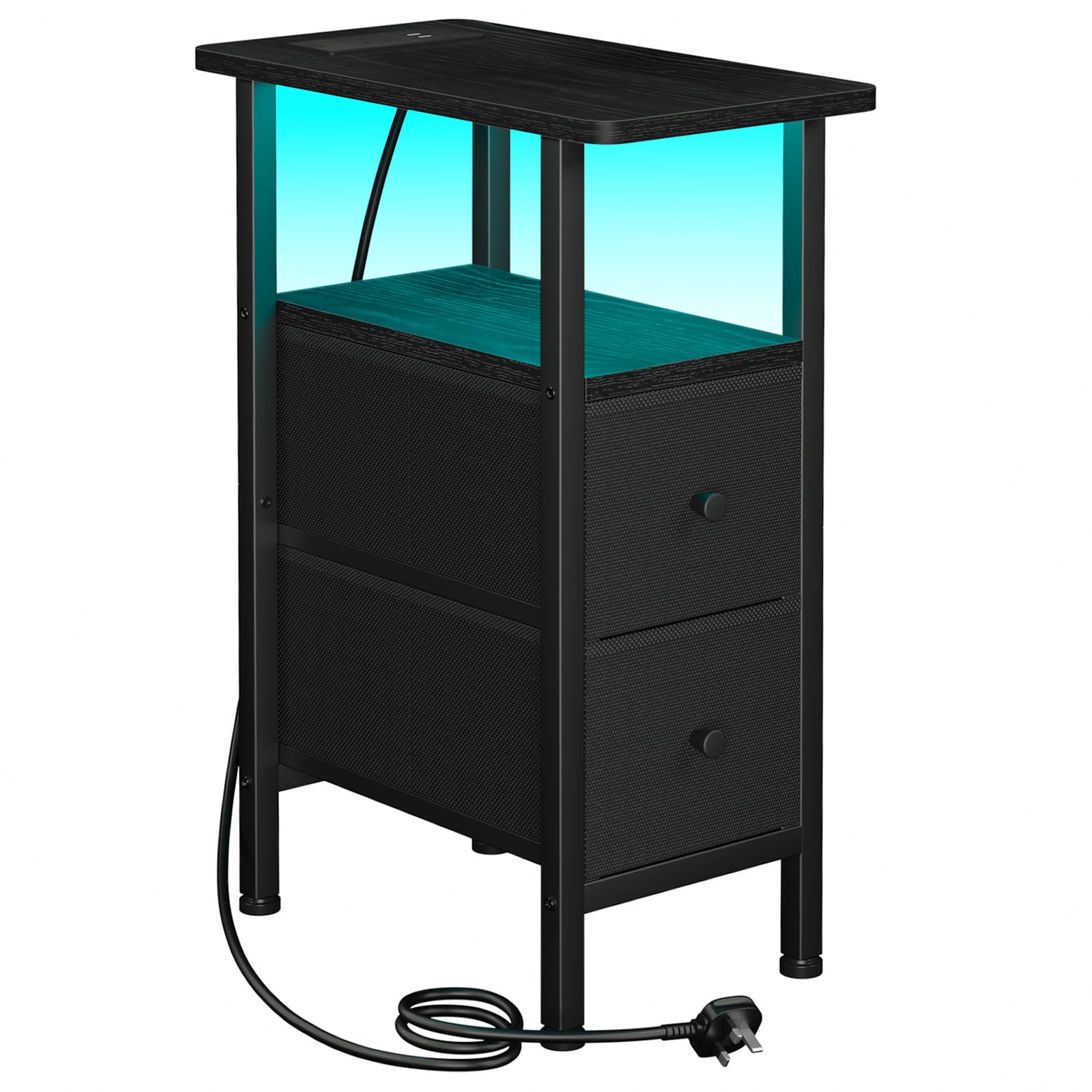 AMHANCIBLE Slim Bedside Table with Charging Station, Narrow Side Table with LED Lights, Small End Table with 2 Fabric Drawers, Nightstand for Small Spaces, Living Room, Bedroom, Black UHETNDP02LBK-1