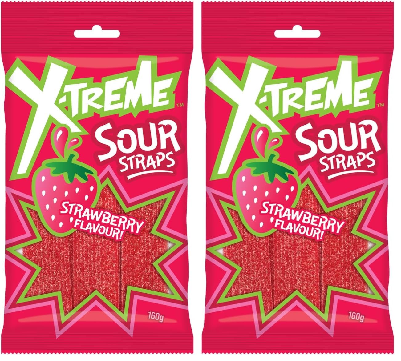 Universal Candy Xtreme Strawberry Flavour Sour Straps 160 g (Pack of 2) - 160 g (Pack of 2)