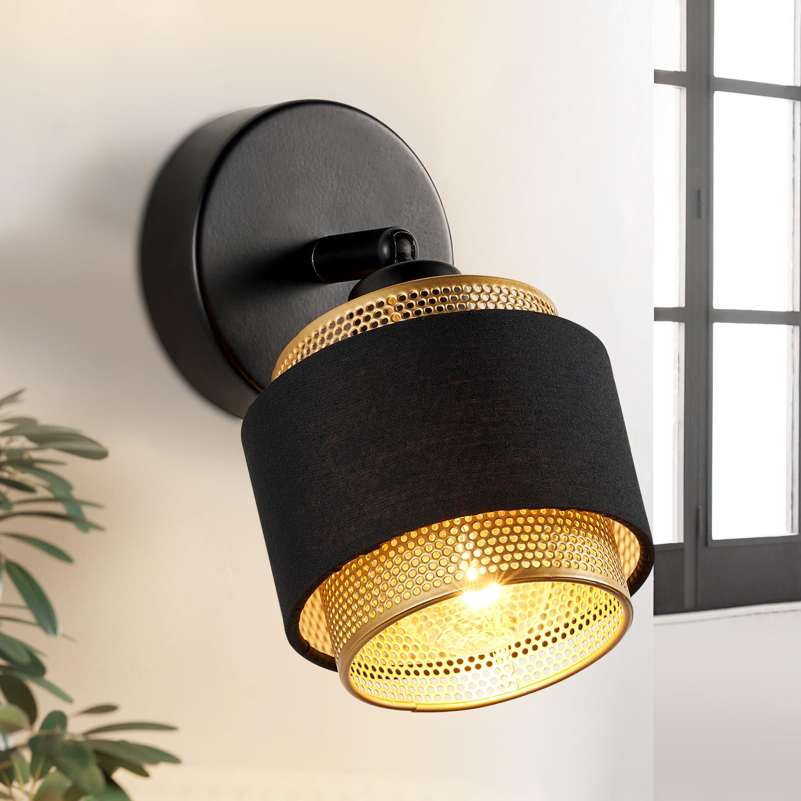 Harper Living Unisex Black & Gold Wall Light, E14, Rotatable, Metal Mesh & Fabric Shade