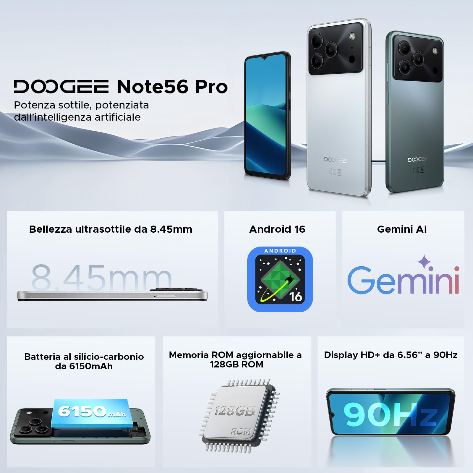 DOOGEE Note 56 Pro Smartphone Android 16, 32GB+128GB/TF 2TB Telefono Cellulare, 6.56" HD+ 90Hz Telefoni, 6150mAh Octa Core Cellulari, 13MP+8MP/Face ID/4G Dual SIM/Widevine L1/OTG/Tipo-C/NFC/3.5mm Jack