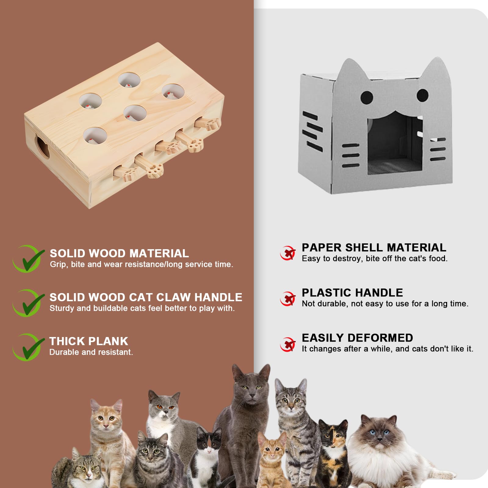 Juguete interactivo para gatos, 5 agujeros, ratones, un topo de ratón, juguete de madera para gatos, caza, juego, entrenamiento para rascarse (color madera)
