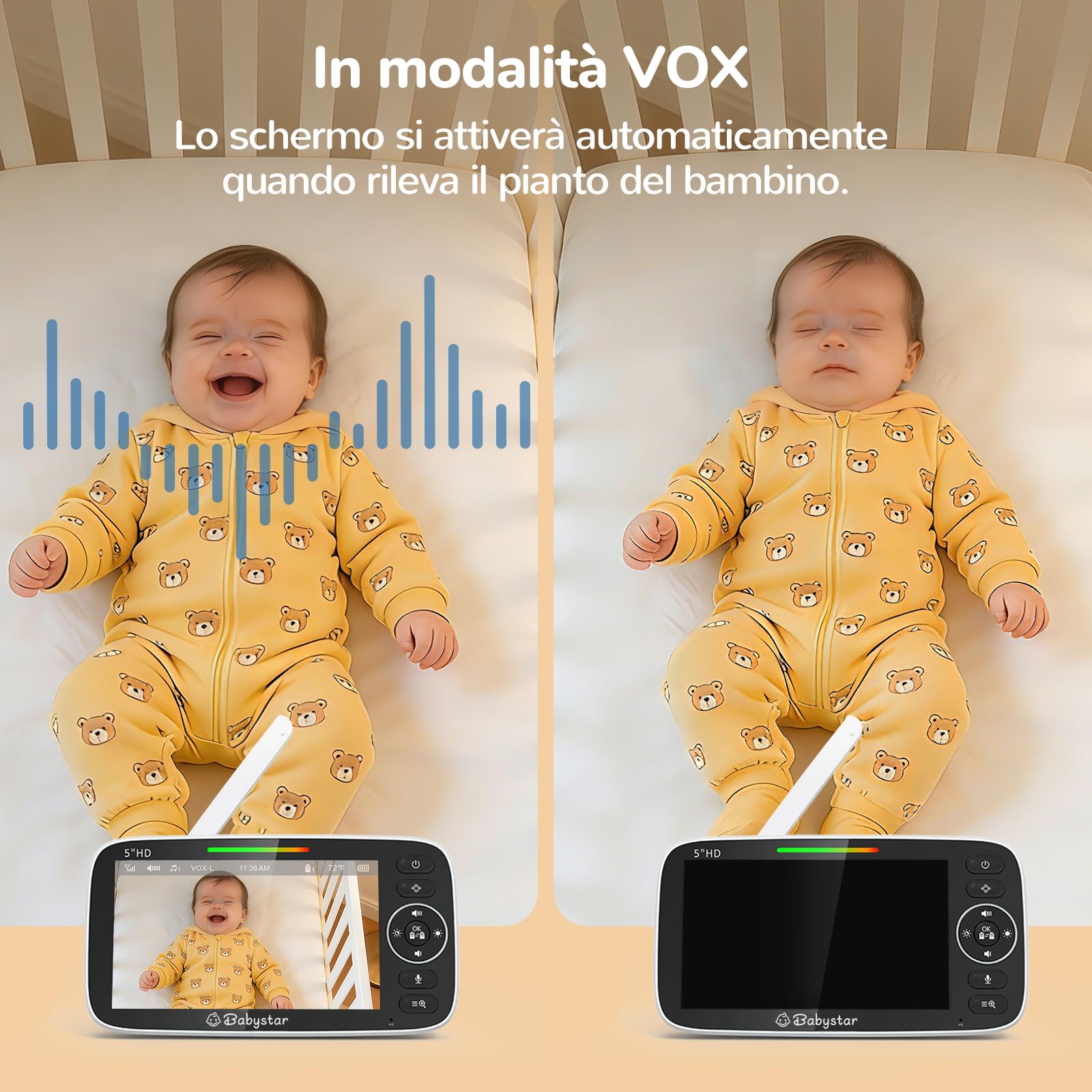 Babystar Babyphone con fotocamera da 5 pollici, 720P, video HD, senza Wi-Fi, con fotocamera e audio, funzione vox, sensore di temperatura, visione notturna, audio a 2 vie