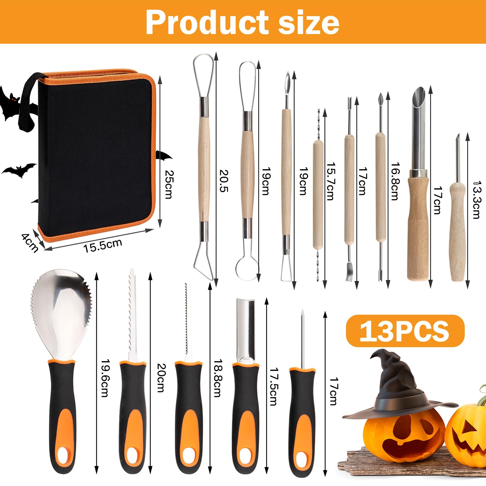Set da intaglio zucca 13 pezzi in acciaio inox per Halloween con custodia