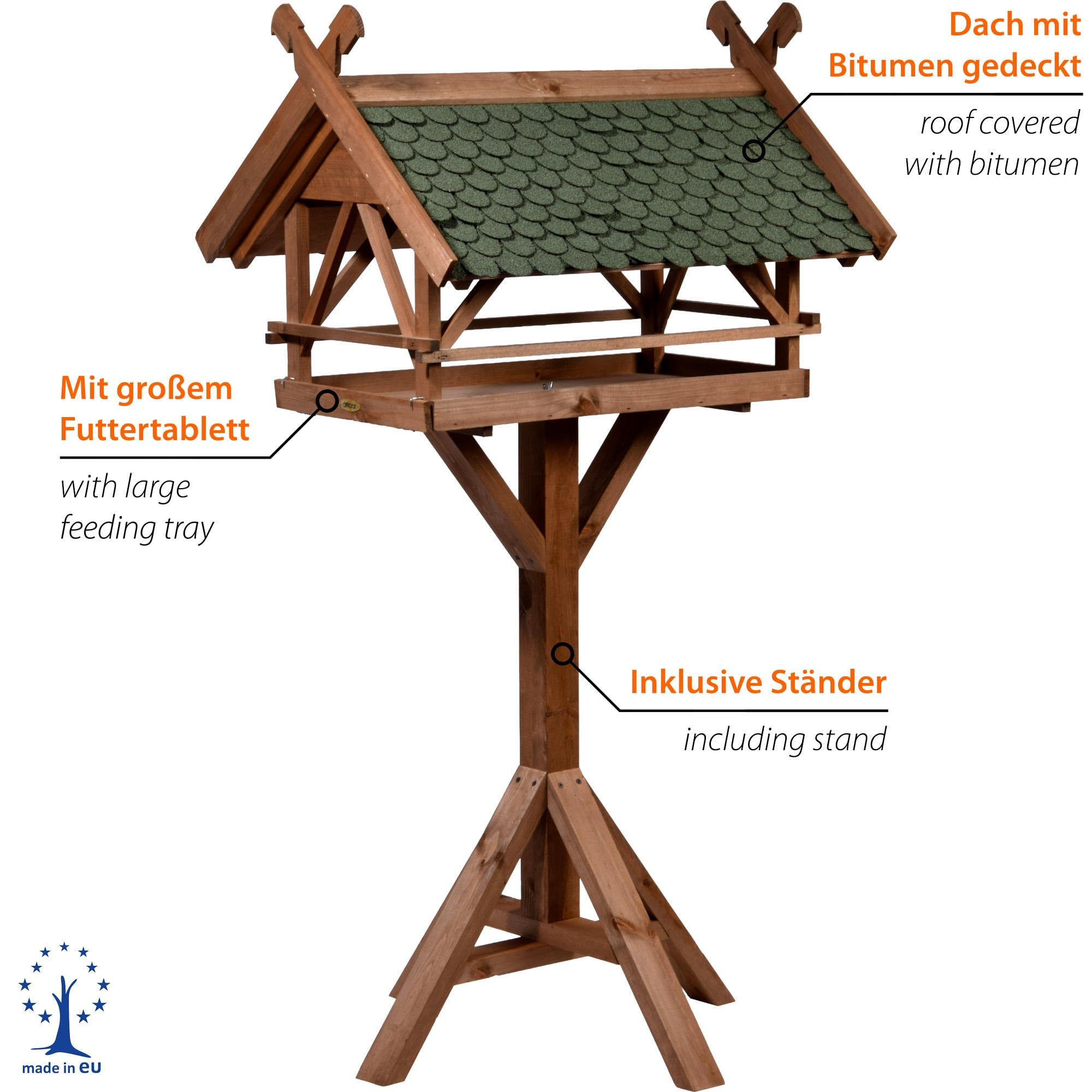 Luxus-VOGELHAUS 49005e Vogelvilla XXL - Vogelfutterhaus Westfalen - Vogelhaus inkl. Ständer - Futterstation aus Holz mit Bitumen 78 x 62 x 148 cm - Dunkelbraun