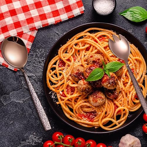 Miniatura 7 de Evanda Juego de servidor de ensalada de 4 piezas, juego de servir de ensalada de acero inoxidable, mango marrón y cuchara de ensalada de cabeza de