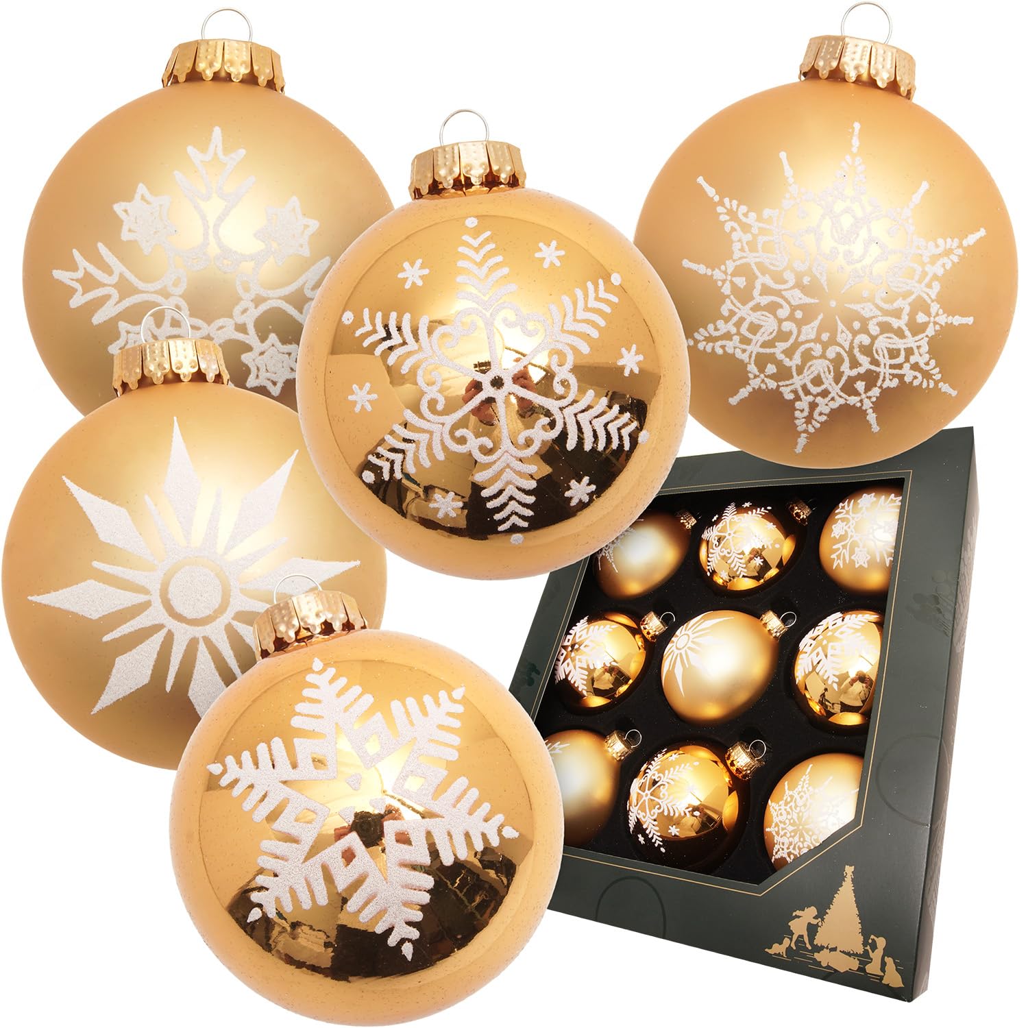 Krebs Glas Lauscha - Décoration de Noël/décoration de sapin de Noël en verre - Boules de Noël brillantes/satinées - Couleur : doré - 9 pièces - Dimensions : environ 8 cm