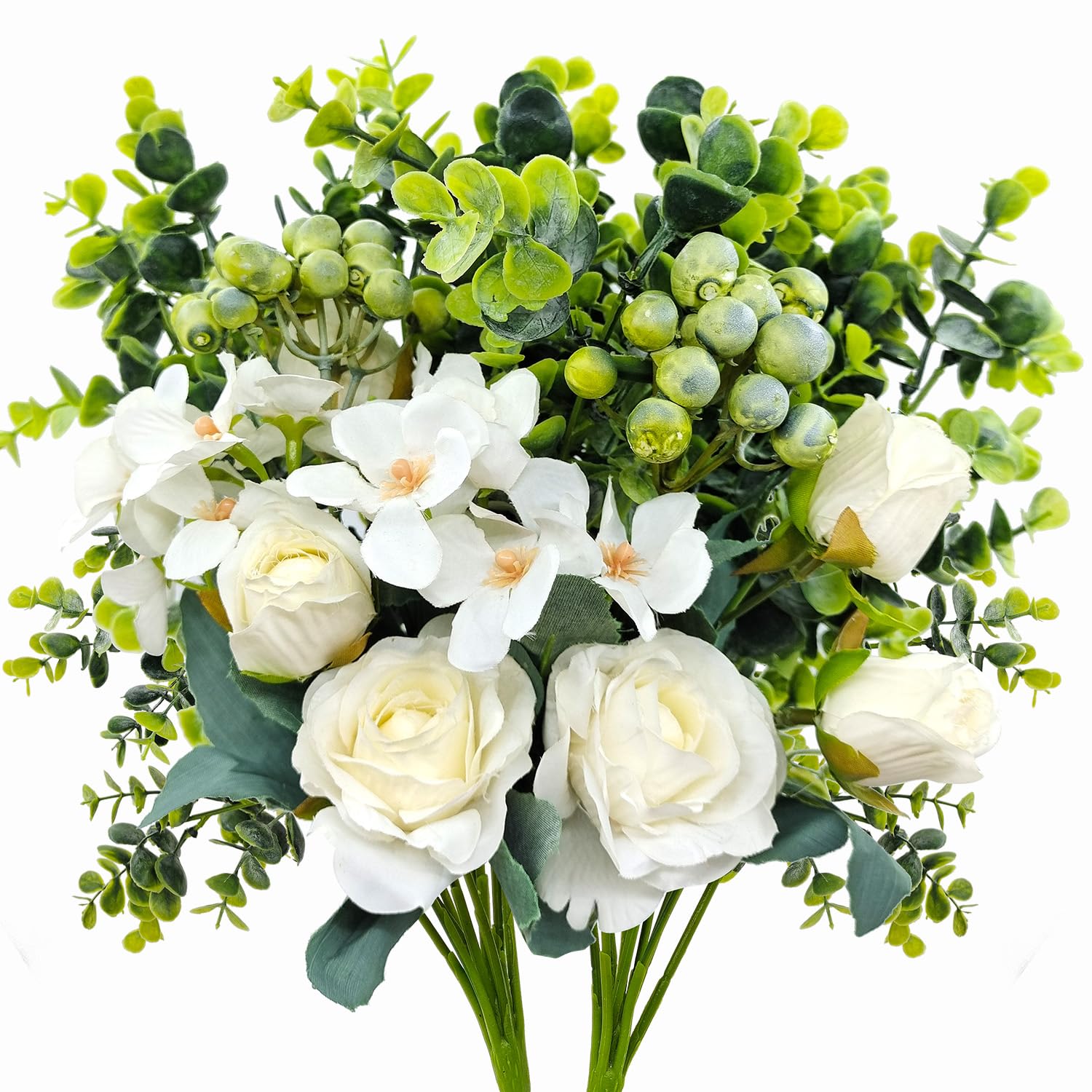 Carfoeny2 Pcs Artificial Flowers Bouquet with Silk Roses Plastic Eucalyptus Berries, Fake Plant Faux Floral Arrangements for Home Indoor Wedding Table Centerpieces Bathroom Vase Decoration (White)
