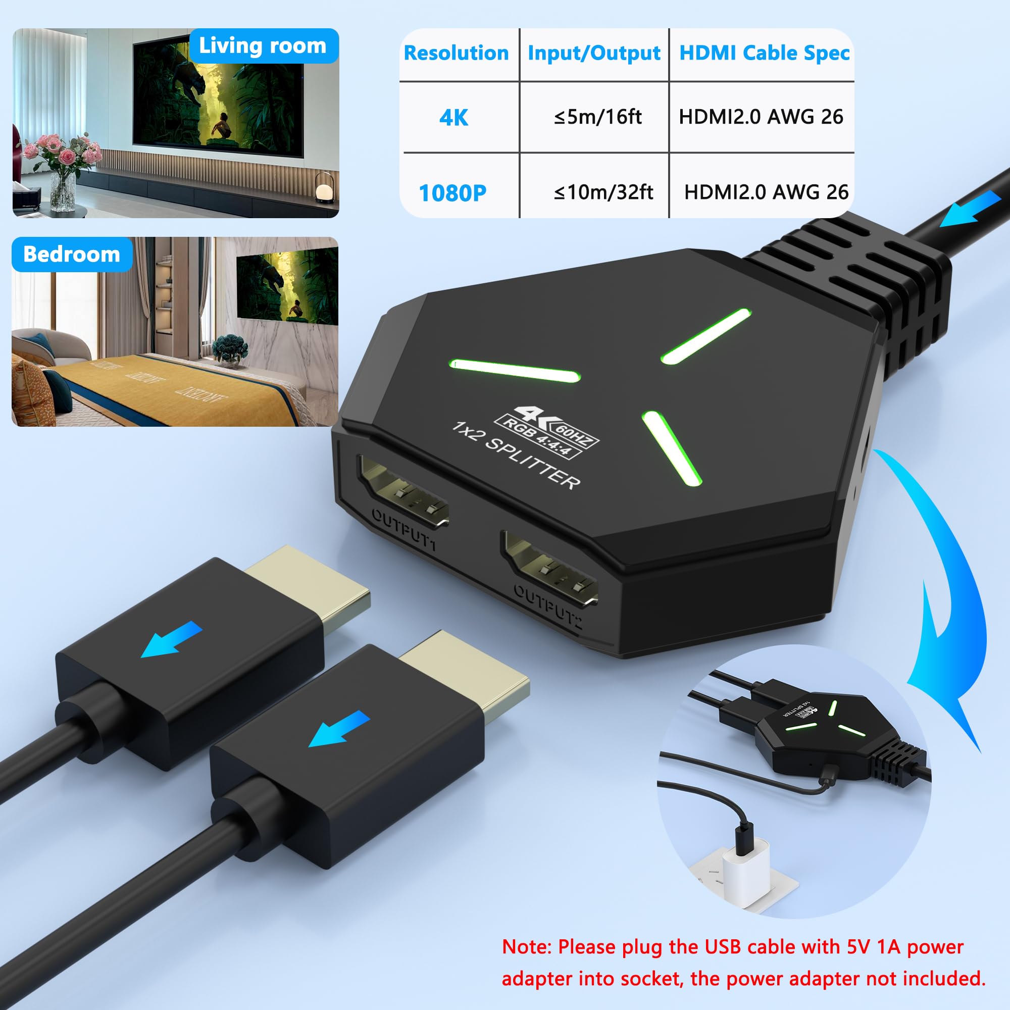 Splitter HDMI 1x2, 4K @ 60Hz HDMI 2.0 Splitter 1 in 2 Out per doppi monitor, 1 sorgente a 2 display, supporta 18Gbps ad alta velocità, HDCP 2.2, 3D, HDR, compatibile per proiettore/TV/monitor.