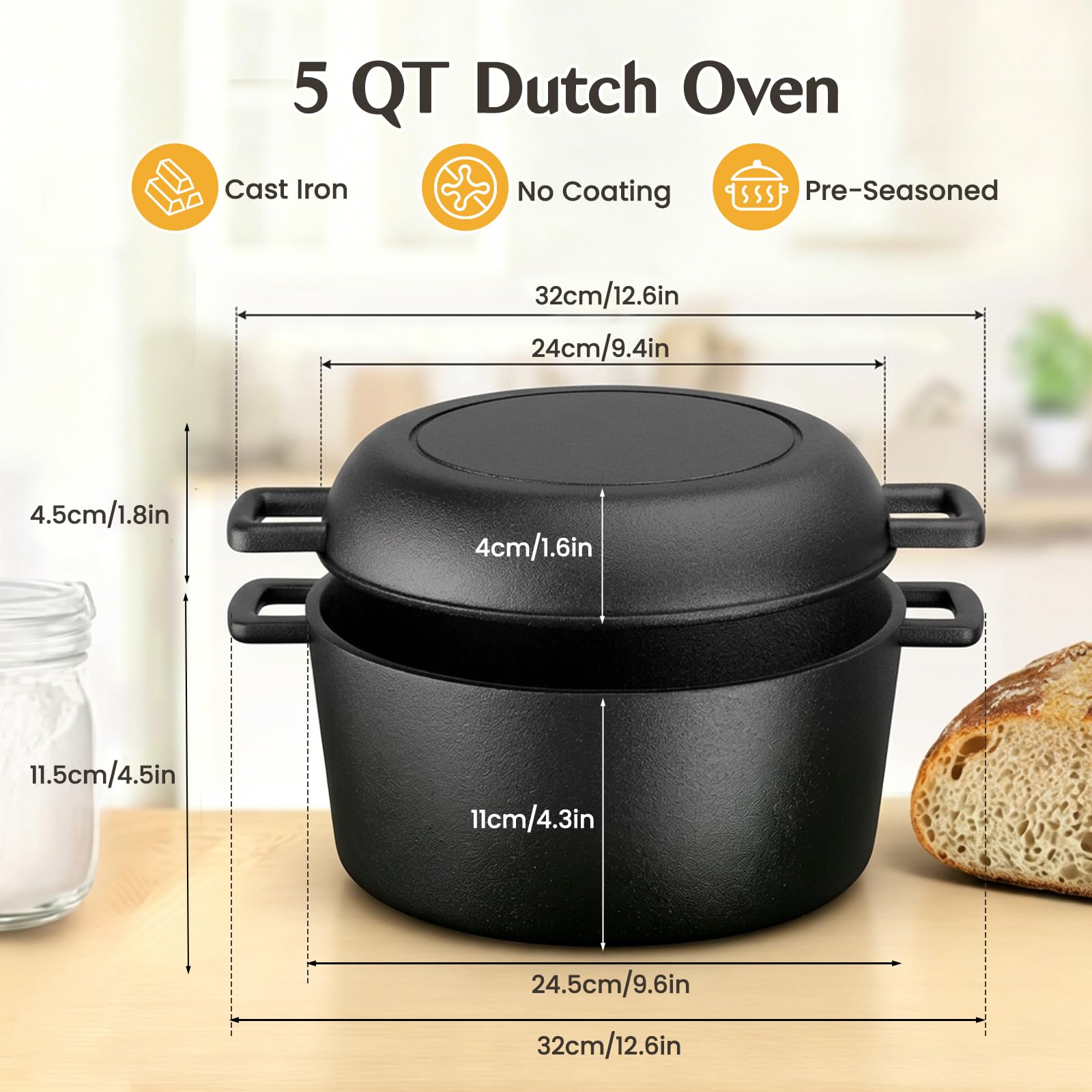 Gusseisen Dutch Oven Brotbacktopf Set 17-teilig 26cm|Vorgereizt & Sofort Einsatzbereit|Deckel als Pfanne & Schmortopf | Gärkorb Teigschaber Rezeptbuch | Induktion Gas Ofen für Brot, Steak & Schmoren