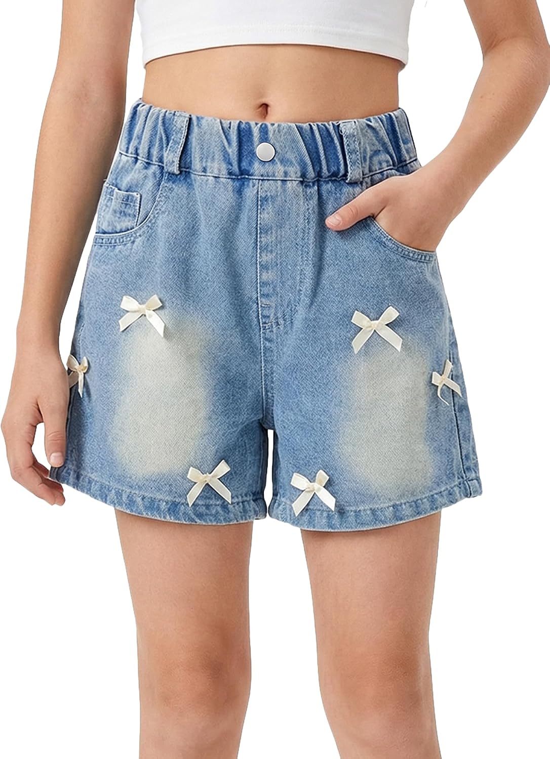 Happy Cherry Girls Denim Shorts Elastic Waist Kids Jean Shorts Summer Short Pants with Pockets 4-13Y