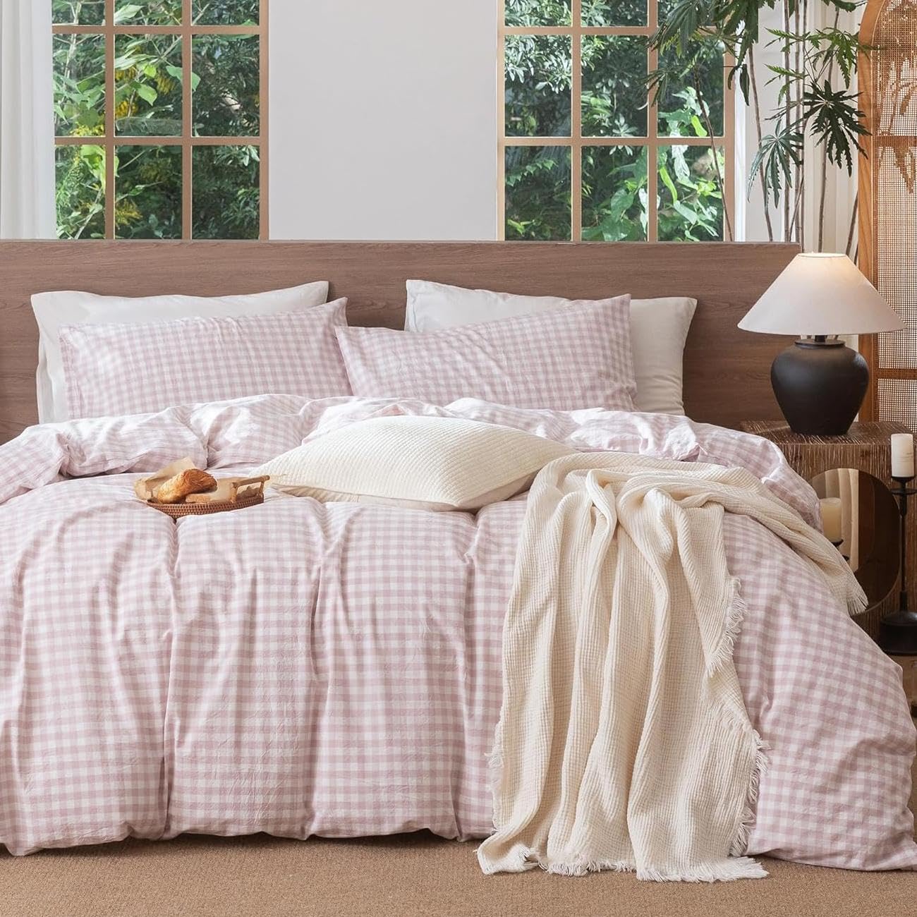 Lanqinglv Double Duvet Cover Set Pink Checkered Gingham Bedding Set Double Bed,1 Duvet Cover Plaid 200x200 cm with Zipper Closure and 2 Pillowcases 50x75cm,Modern Bedding Set โ image 1