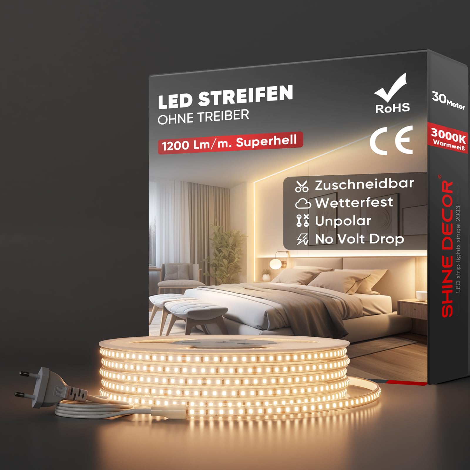 Shine Decor LED Streifen 30m, AC 220V 230V IP65 Wasserdicht LED Band, SMD 2835 120 leds/m Ultrahohe Helligkeit Lichtleiste für Küche Garten LED Beleuchtung (30M, Warmweiß, CE Zertifiziert)
