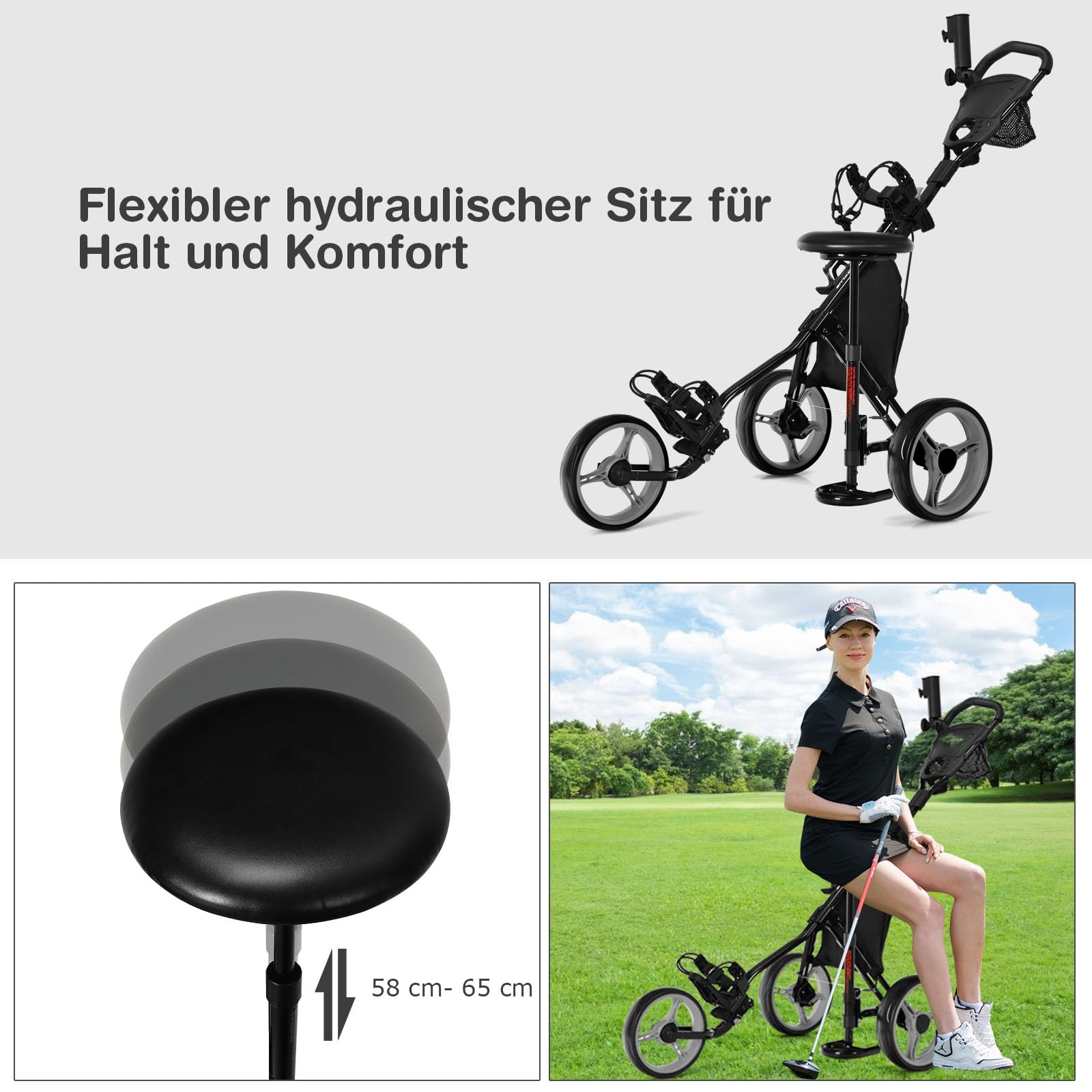 GOPLUS Golf Trolley, Golftrolley 3 Rad mit Verstellbarer Griff, Sitz & Fußbremse, Golfwagen klappbar mit Schirm- und Getränkehalter & wasserdichter Tasche, Golfcaddy Golf Push Cart
