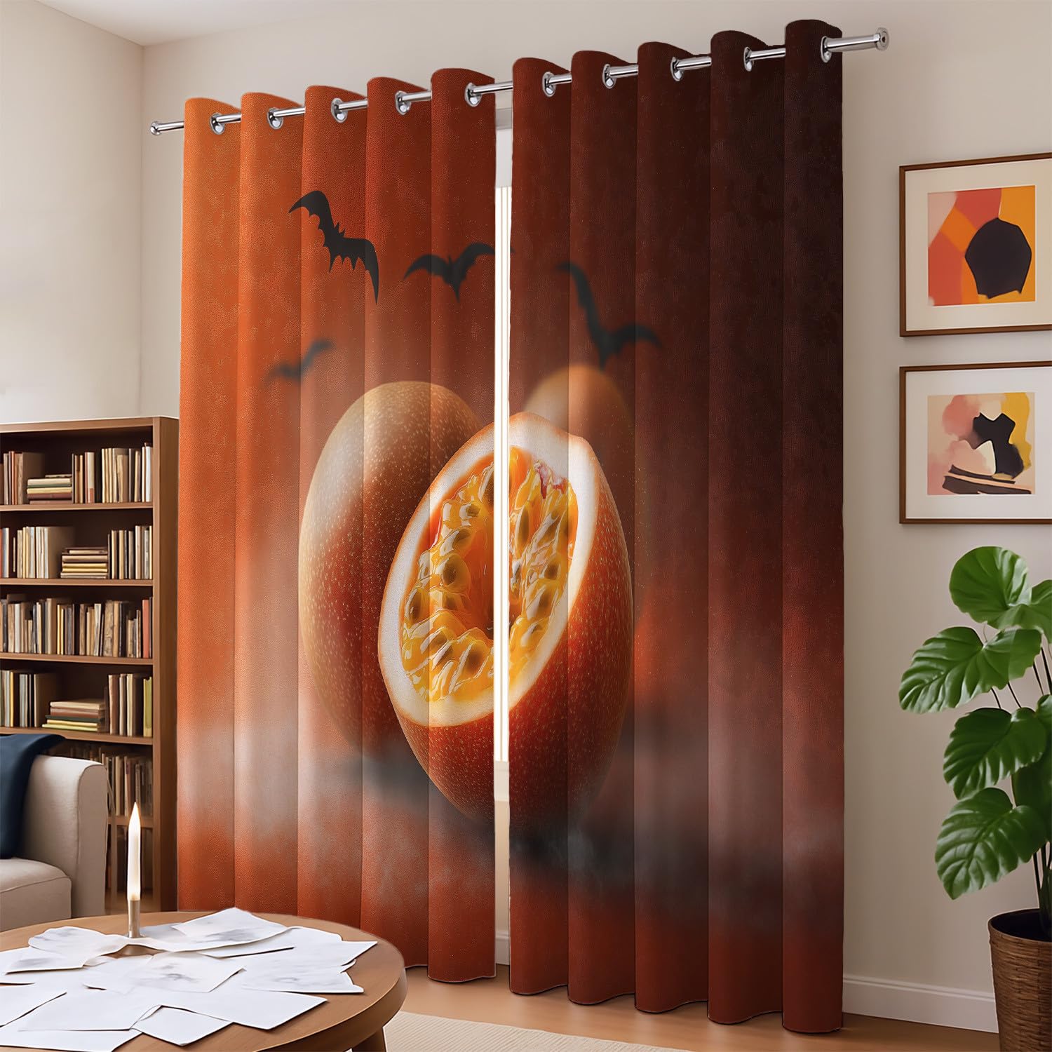 Otherworldly Grace Realistyczne nietoperze z marakui Halloween poliestrowe zasłony do przedszkola lub pokoju zabaw - zasłony z oczkami redukujące dźwięk i ciepło, blokujące słońce, karmelowy