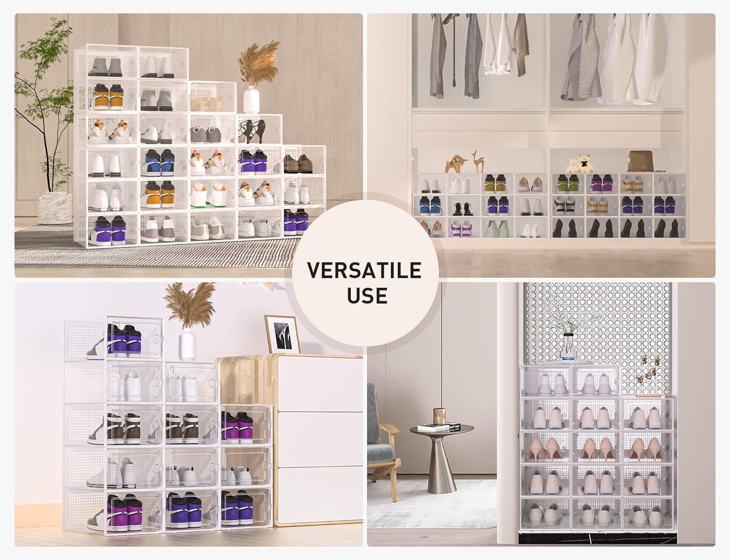 Kuject XX-Large Shoe Storage Boxes Organizers Clear Plastic Stackable 12 Pack, Shoe Rack & Holder Substitute, Sneaker Containers, Toy Storage Organizer Bins for Entryway, Closet, Under Bed, White