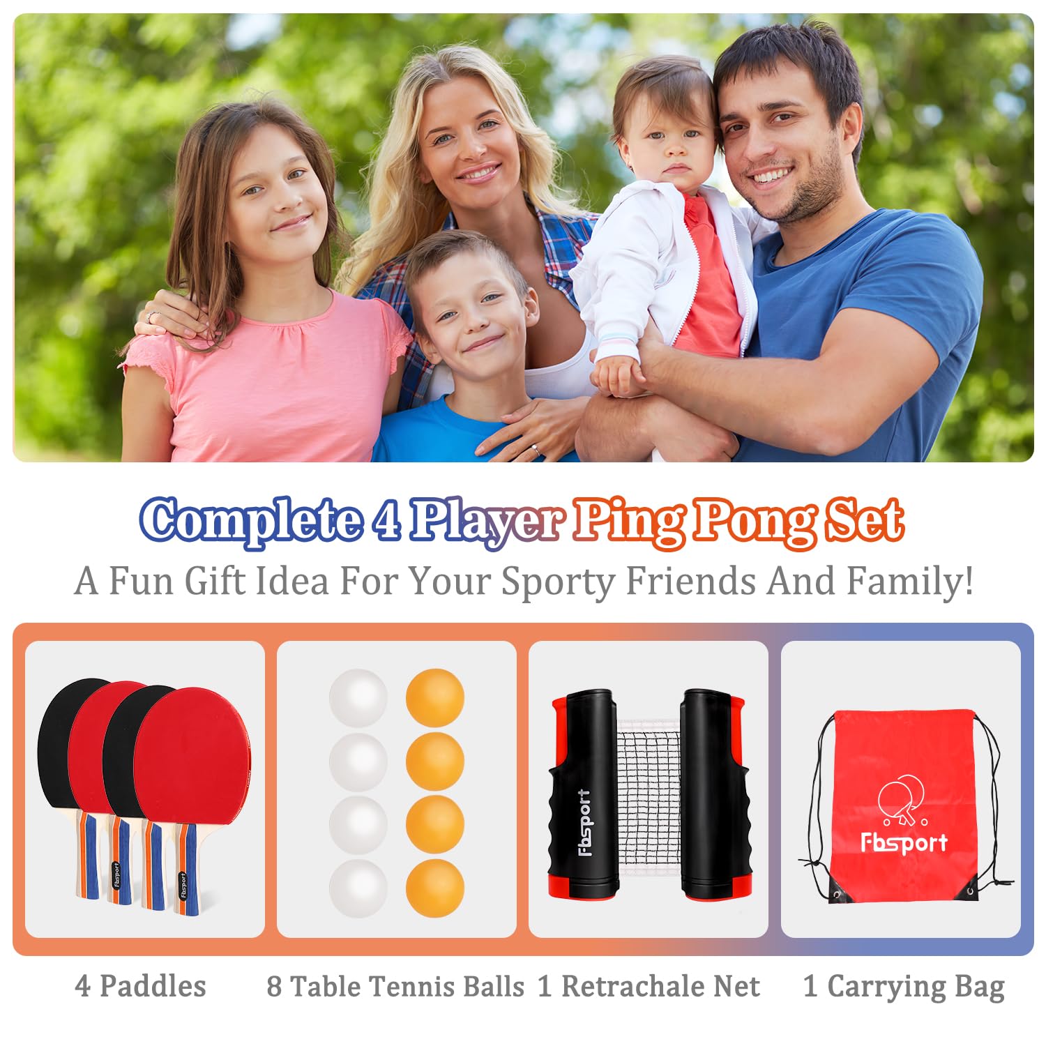 Set Ping Pong avec 4 Raquettes, Rétractable Filet Ping Pong pour Table, 8 Balles et 1 Sac de Transport, Tennis de Table Set pour Intérieur Extérieur Enfants Adultes