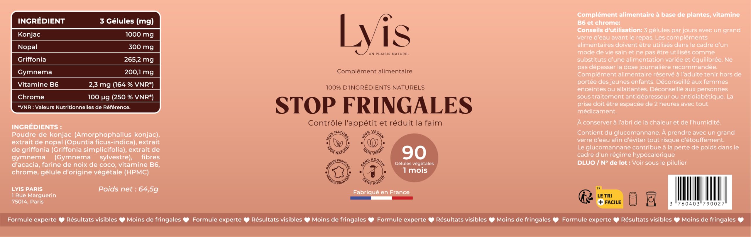 Stop Fringales | Contrôle de l’Appétit & Envies Sucrées | Konjac, Gymnema, Griffonia, Chrome | 90 Gélules Hautement Dosées – 1 Mois | Fabriqué en France | Lyis Paris