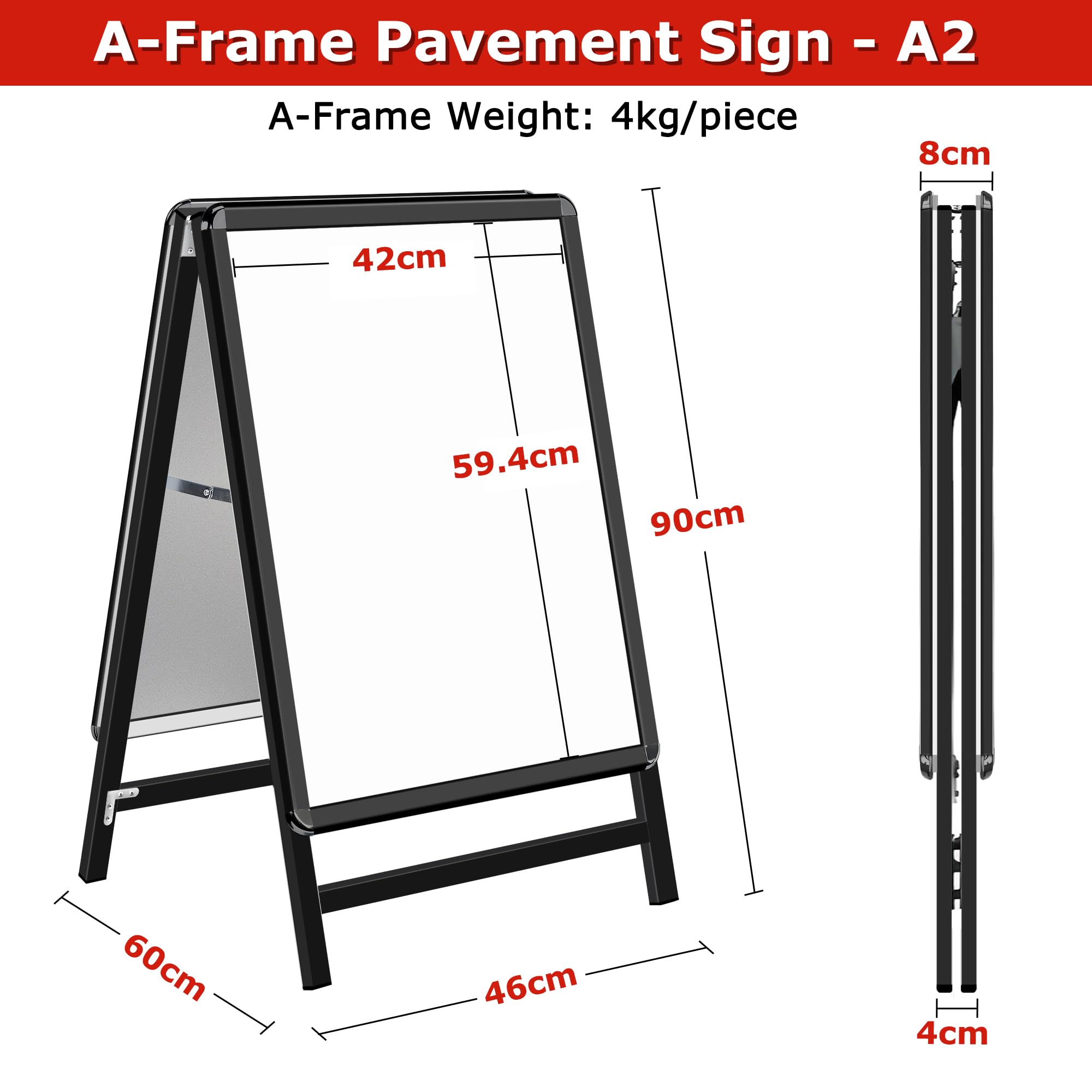 Pavimentazione Cartello Cornice A2 in Alluminio - Cavalletto Pubblicitario Doppia Faccia per Menu Ristorante/Offerte Promozionali/Negozi, Supporto Poster da Parete o Pavimento, Nero