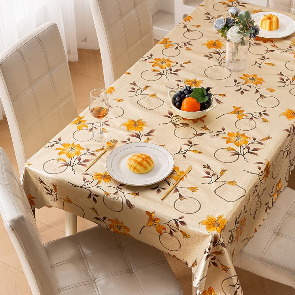 HOKIPO PVC Waterproof Table Cloth Cover for 4 Seater Dining Table | Printed Floral Tablecloth, 55x71 inches, Golden Lily (AR-6358-D3)-image-16