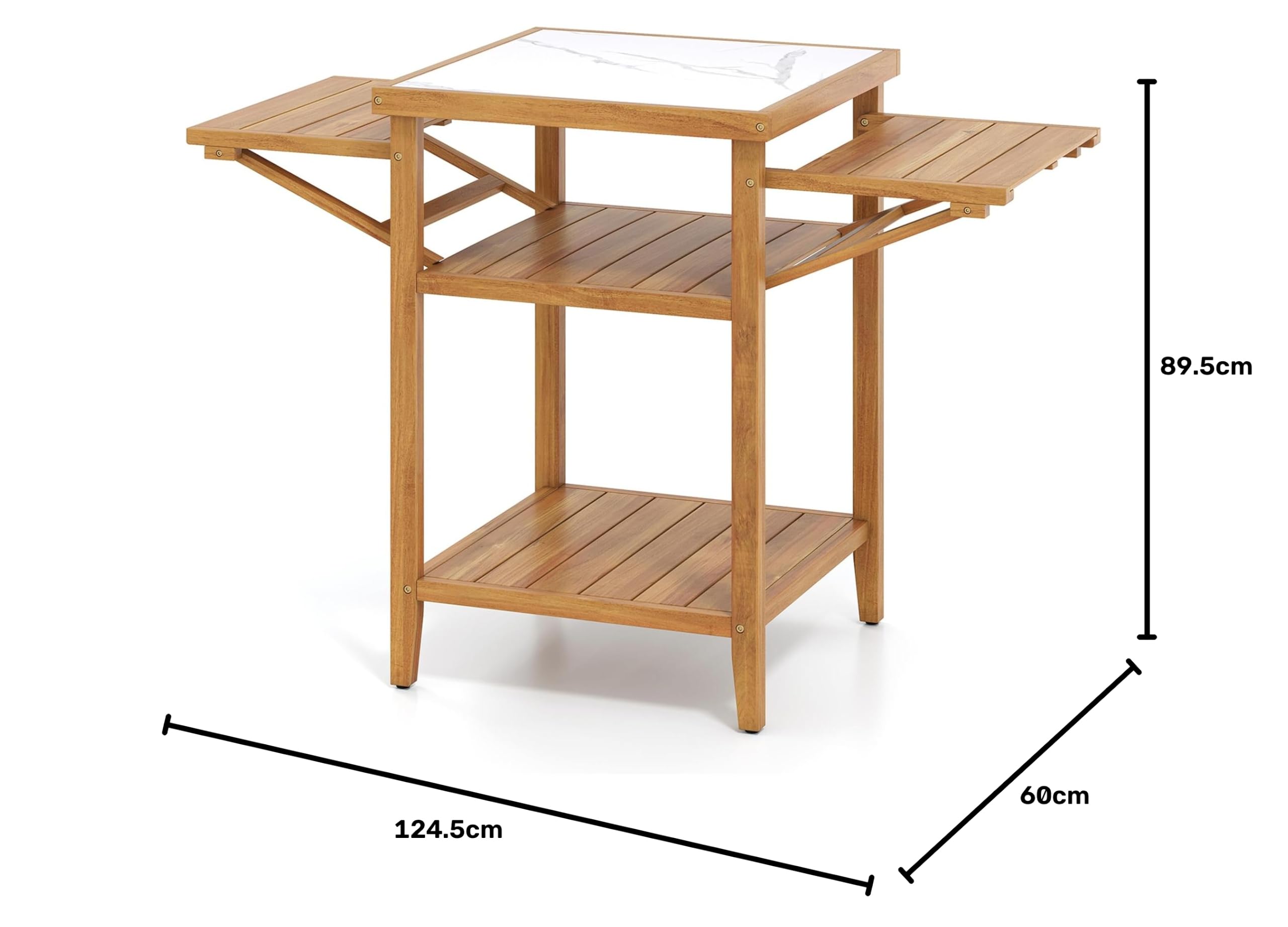 GOPLUS Mesa de Barbacoa Exterior de Madera de Acacia con Encimera de Imitación de Mármol
