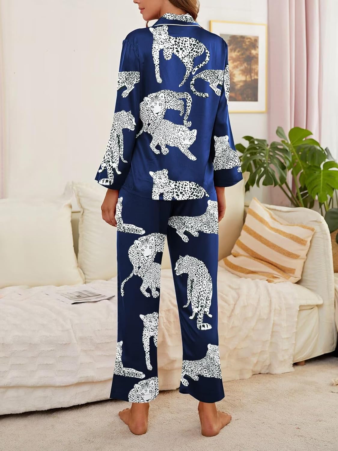 Brosloth Womens Silk Pajamas Long Sleeve Button Down Animal Print Cute Pjs Set Satin Pajama Set - Image 4