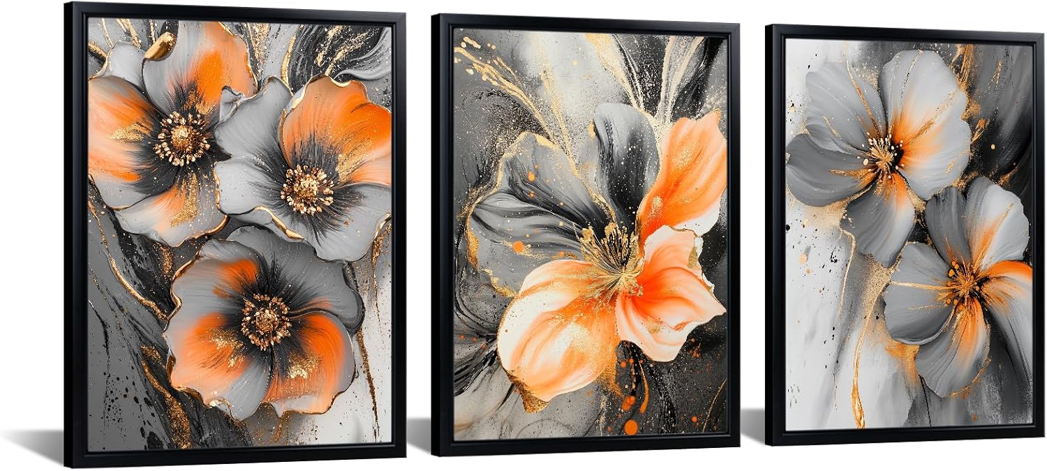 iKNOW FOTO 3 Piece Orange and Grey Abstract Flower Canvas Wall Art with Black Frame Modern Floral Artwork for Bedroom Office Bathroom Hallway Marble Texture Painting Botanical Print Each Panel 12x16''