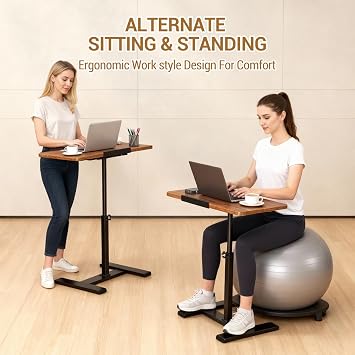 Overbed Bedside Table with Wheels, Tiltable Hospital Bed Table Over The Bed, Pneumatic Adjustable Rolling Laptop Desk, Mobile Standing Desk for Hospital and Home Use Walnut