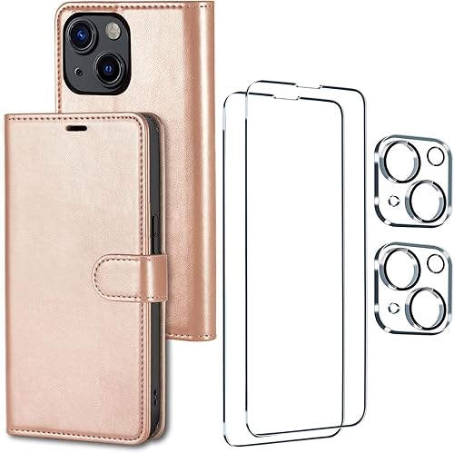 Uluck - Funda Uluck para iPhone 14 con tarjetero, funda de piel sintética con bloqueo RFID, funda magnética con 2 pantallas y 2 protectores de lente