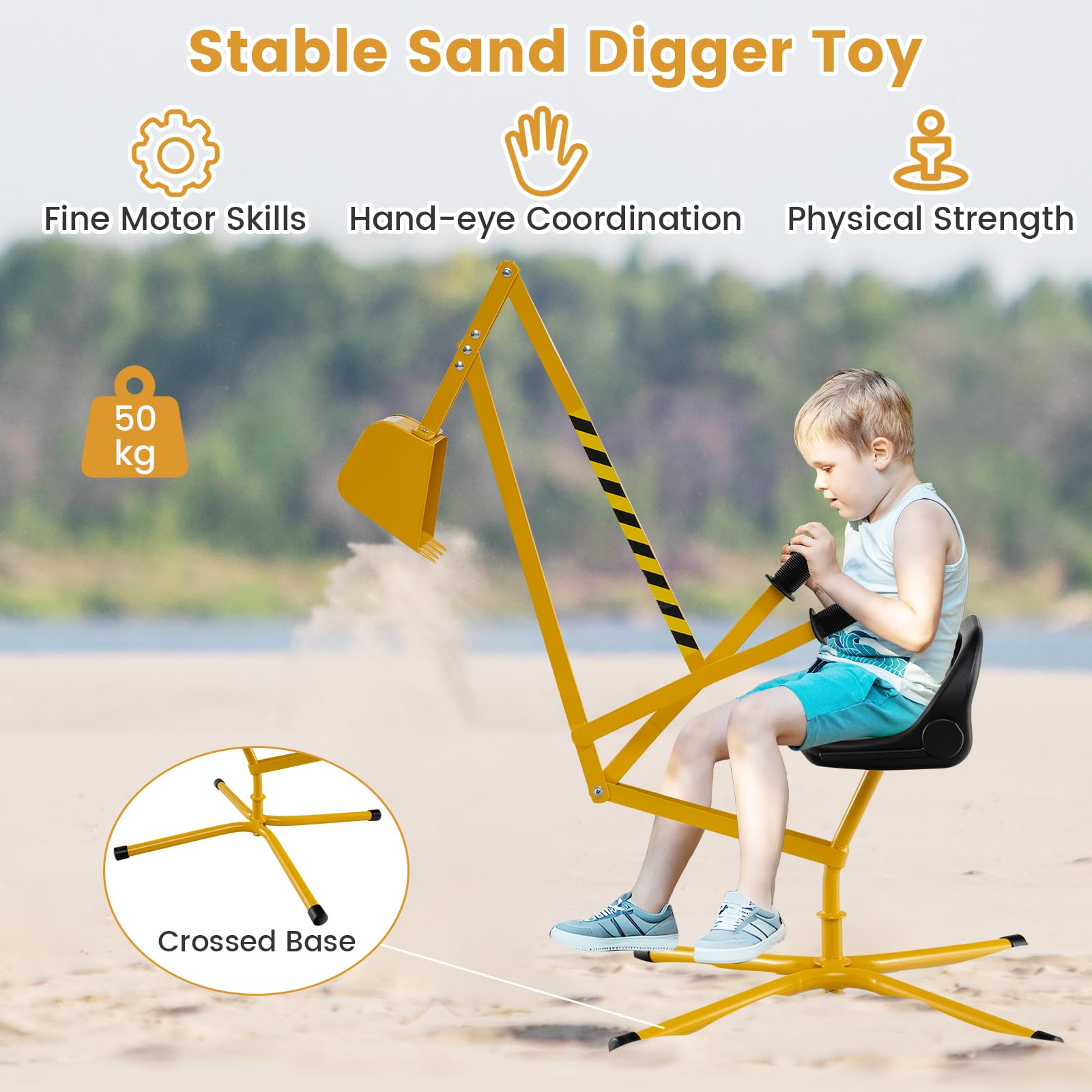 DREAMADE Kinder Bagger für Sandkasten, Metallbagger mit 360° drehbarem Sitz, Flexibler Schaufel, ergonomischer Rückenlehne, Bagger zum draufsitzen für Kinder ab 3 Jahren (Gelb)