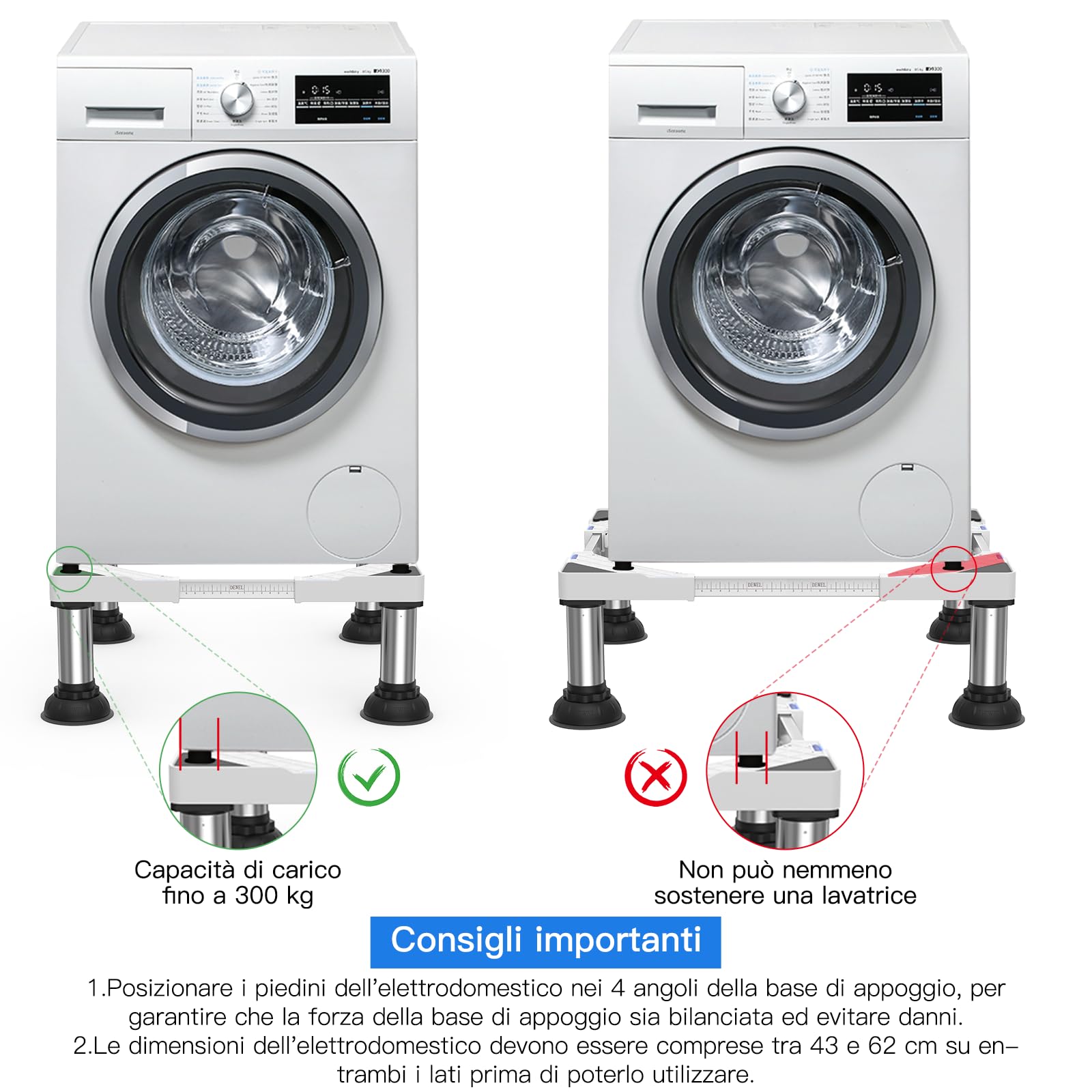 DEWEL Base per lavatrice regolabile, Telaio base per lavatrice per frigorifero, asciugatrice e congelatore, Carico massimo 300 kg, Regolabile 43-62 cm, 15-18 cm, Bianco | Base regolabile per lavatrice per asciugatrice e congelatore, carico 300 kg, larghez