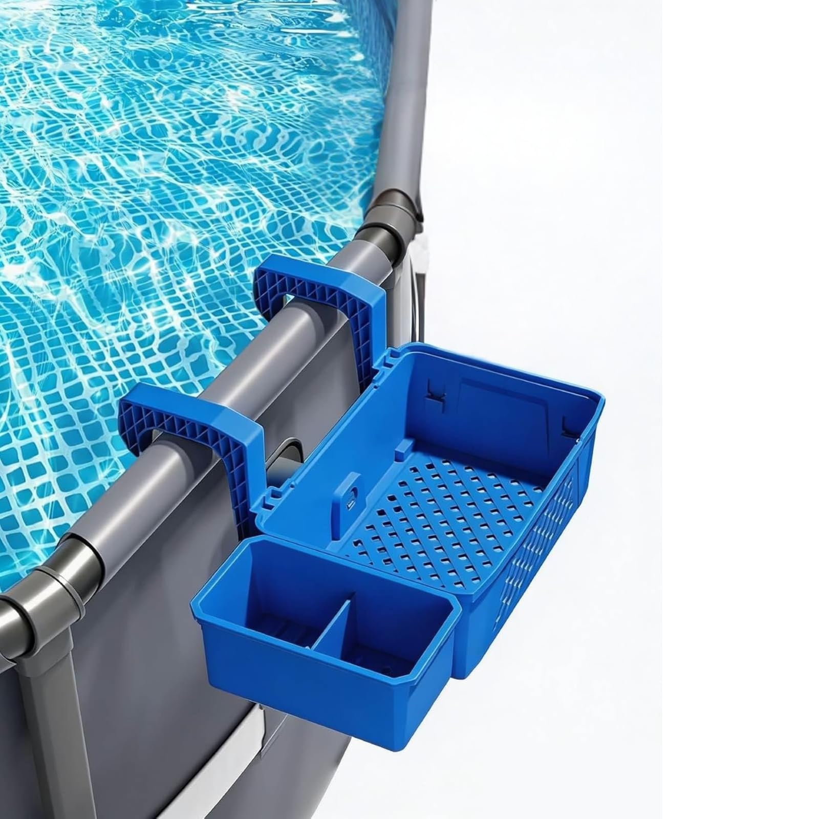 Poolside Storage Baskets with Cup Holders, Hanging Pool Organiser with Hook, Large Capacity Mesh Baskets for Swimming Accessories, Above Ground Pool Caddy for Beverage Towel Storage (Blue)