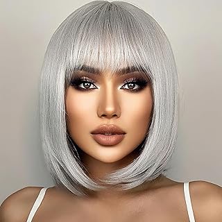 Short Grey Wigs with Bangs, Bob Hair Wigs Colored Wig with Flat Bangs Party Wigs Stretchy Close End Stocking Wigs Cap Colorful Decorations Cosplay Wig Hairpieces Synthetic Hair Wig for Women Ladies