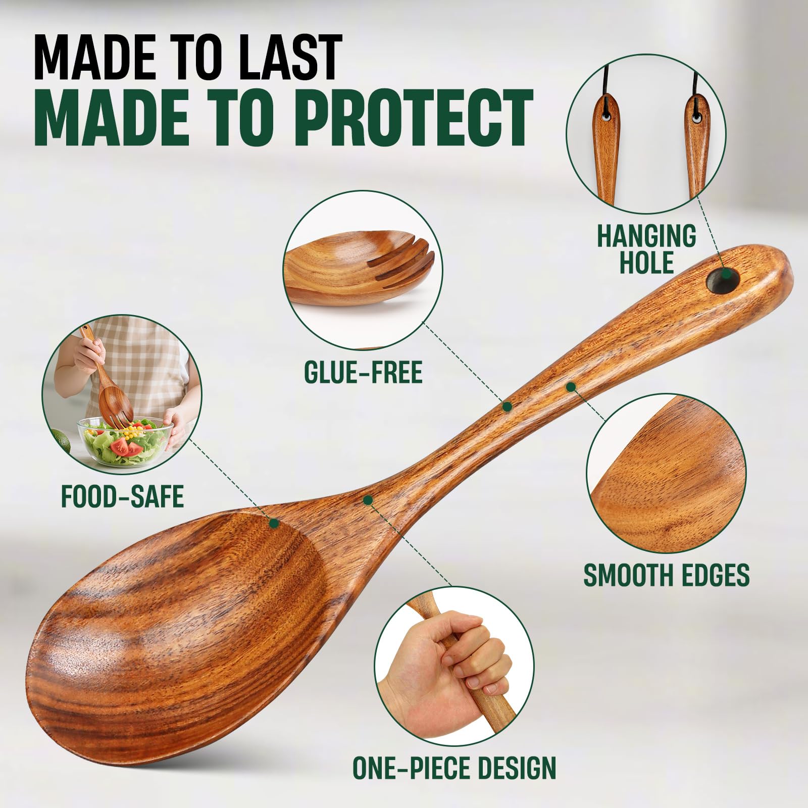 Bkiok Holzlöffel zum Kochen, Küchenutensilien-Set aus natürlichem Teakholz, für antihaftbeschichtete Pfannen, hitzebeständiger Holzspatel und Salatgabel (4-teiliges Set)