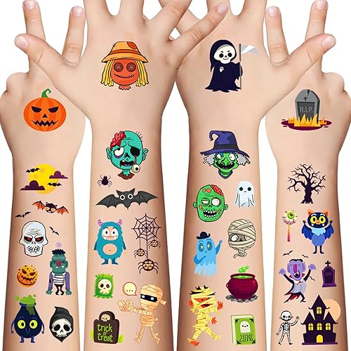 Tatuajes temporales de Halloween para niños, 120 piezas de tatuajes falsos de Halloween para niños y niñas, recuerdos de fiesta de Halloween para