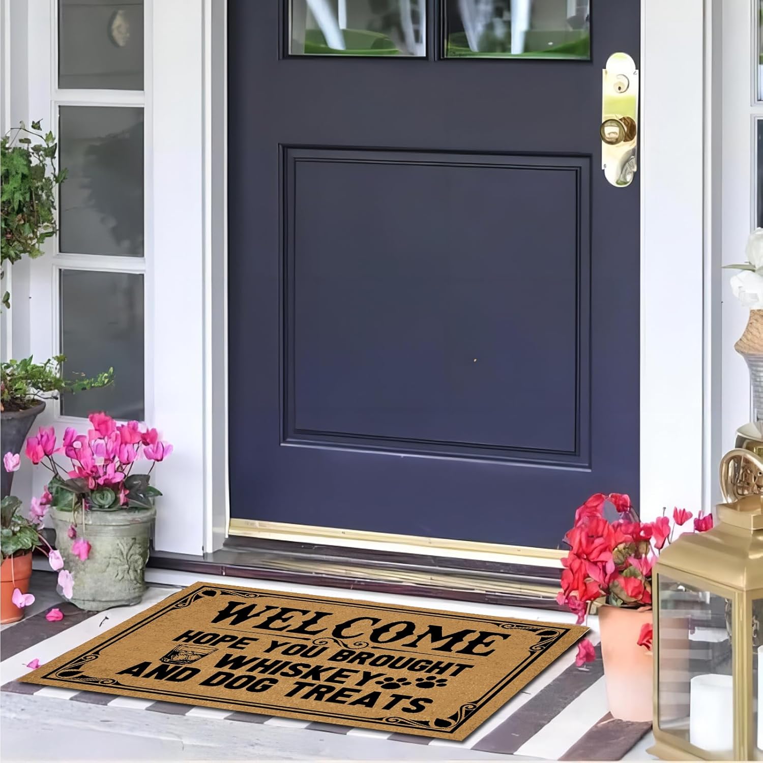 Outdoor Door Mats for Outside Entry, Hope You Brought Whiskey & Dog Treats Monogrammed Holiday Doormats for Entrance Way Outdoors 30" X 18" Size, Funny Welcome Mats Indoor Non Slip