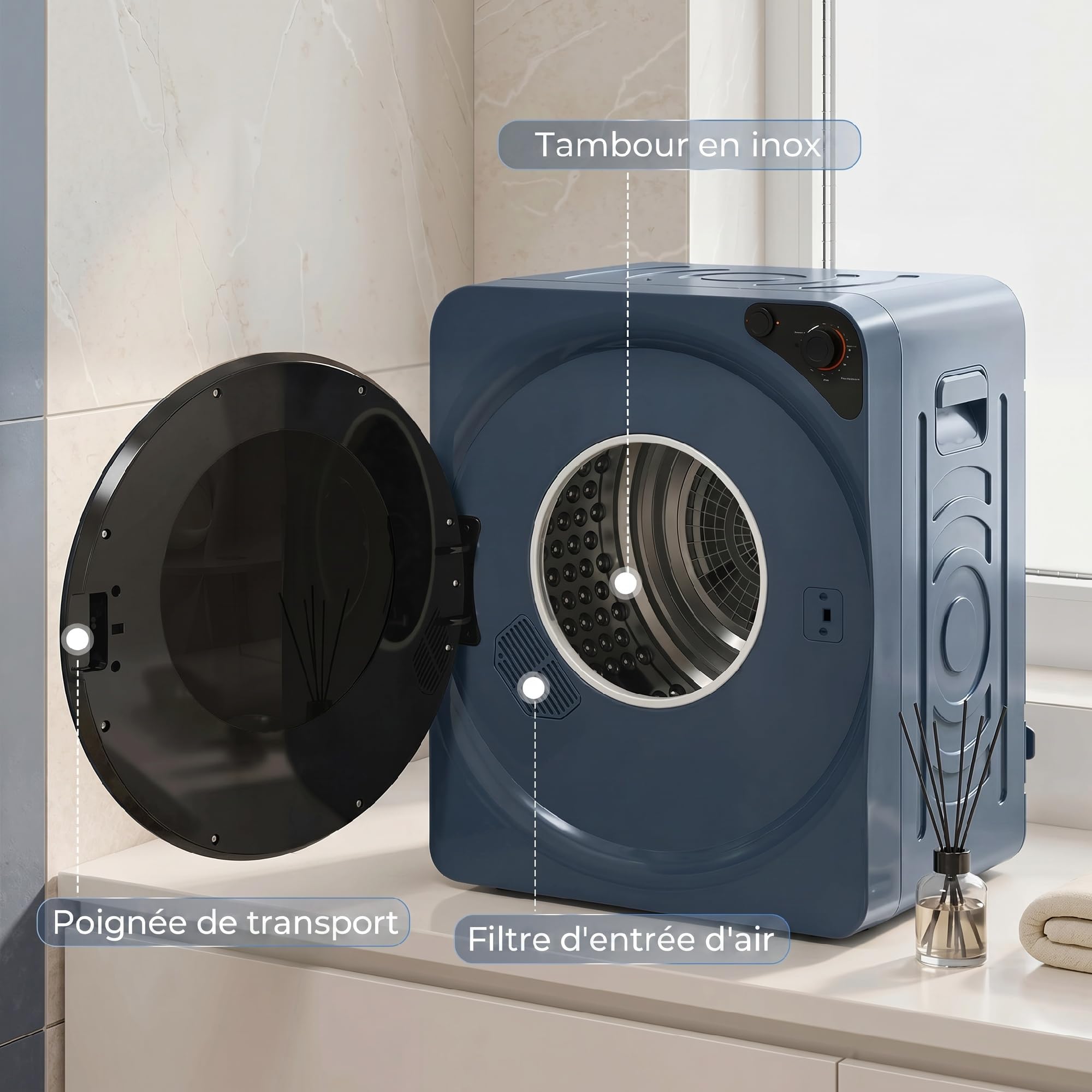 HOMCOM Wäschetrockner, kompakt, 1000 W, 5 kg, 5 Trocknungsmodi, Blau | Elektrischer Wäschetrockner, Behälter aus Edelstahl, Frontlader, freistehend und stapelbar, für Haus und Wohnmobile