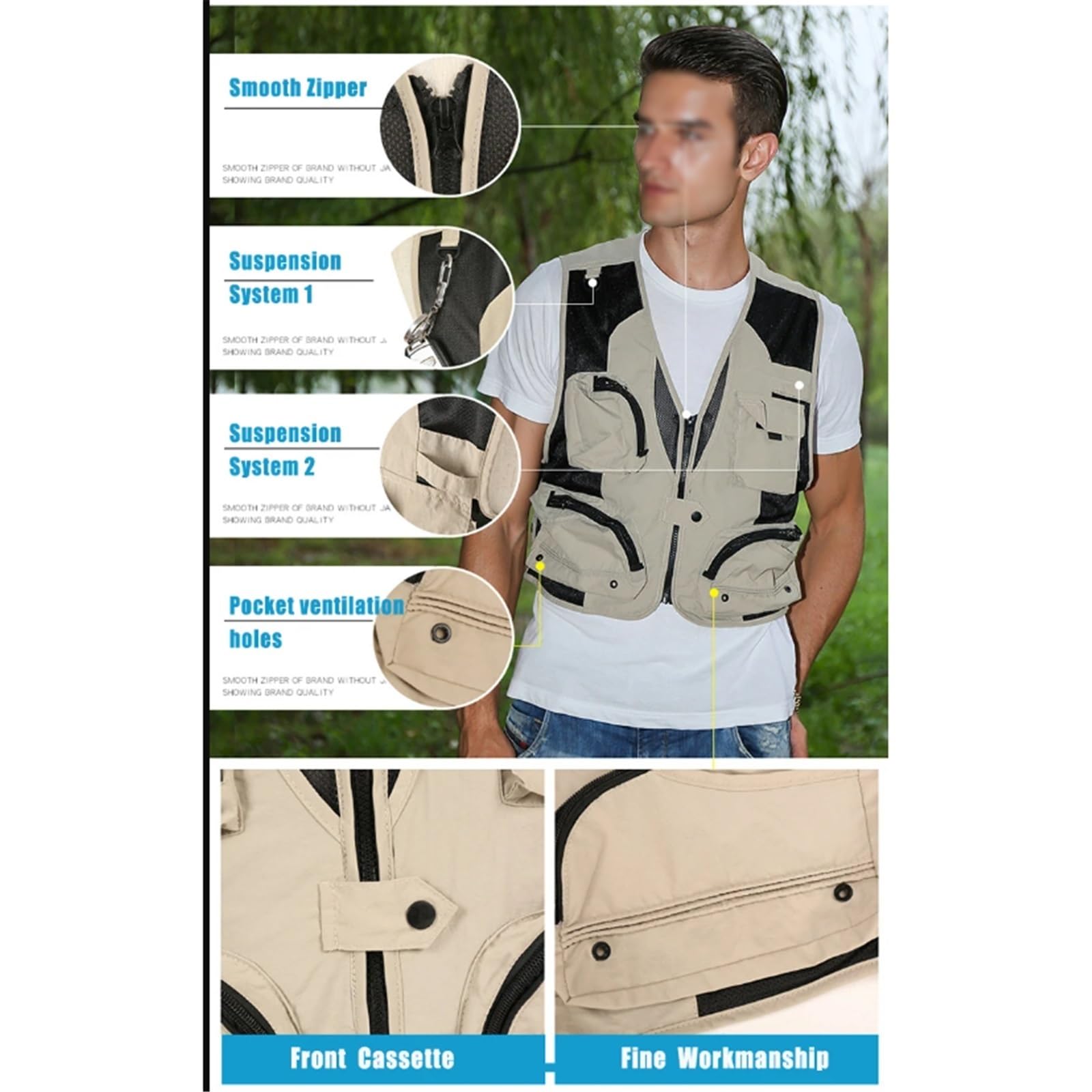 CLSQLXYJZC Chaleco Pesca Para Hombre, Chaleco De Fotografía Sin Mangas Transpirable De Malla Multibolsillos Verano Para Hombre, Chaqueta Con Cuello En V, Resistente Impermeable Cremallera
