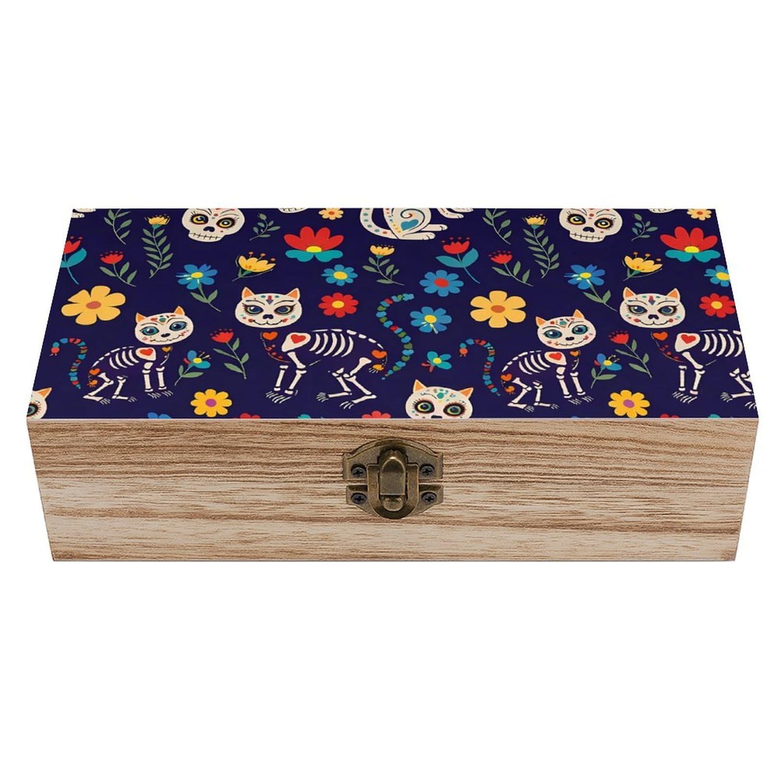 HLBSDM Day of The Dead Black Cat Rose Sugar Skull Wooden Storage Box