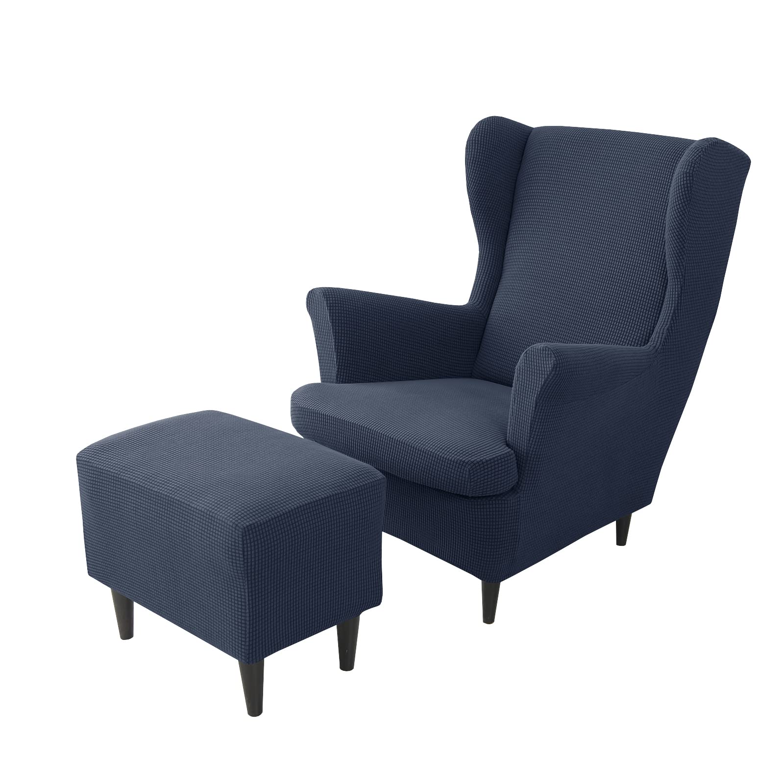 JHLD Stretch Wing Chair Cover Set, 2 Piece Wing Chair Slipcover with Ottoman Cover Wingback Chair Cover Jacquard Wingback Chair Slipcover Footstool Protector Covers For dogs-navy blue-3 Piece